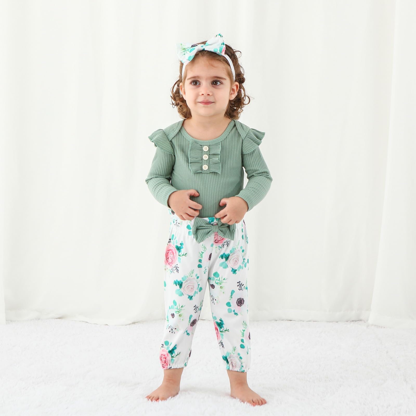 Adorable Baby Girl Outfit Set - Long Sleeve Ruffle Romper & Floral Pants for Newborn to 18 Months | Perfect for Photoshoots, Birthday Parties & Special Occasions