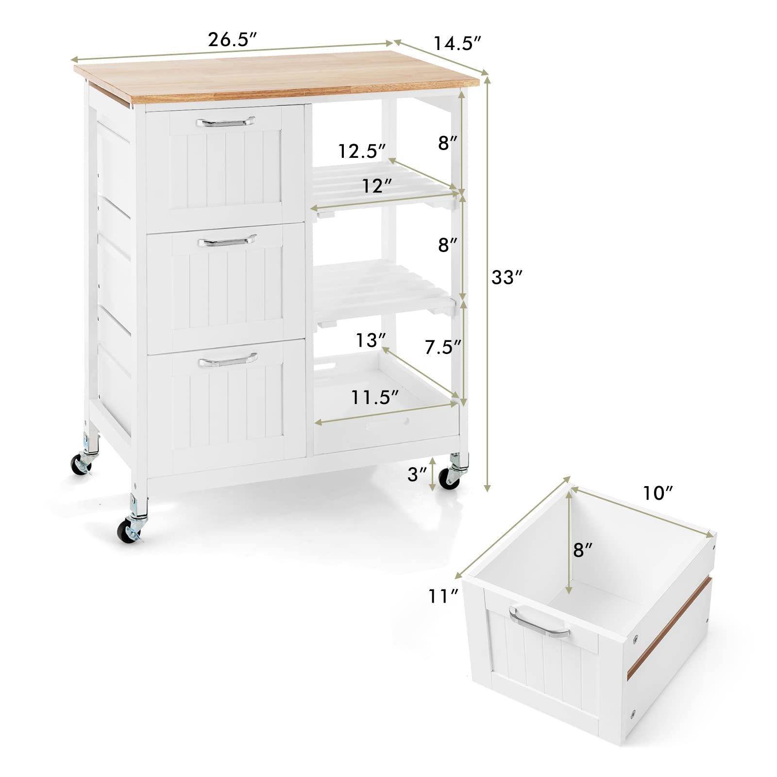 PETSITE White Kitchen Island Cart with Wheels - Rolling Storage Cart with Drawers & Shelves for Small Spaces, Mobile Kitchen Organizer for Cooking, Baking & Entertaining - Perfect for Apartments & Small Kitchens