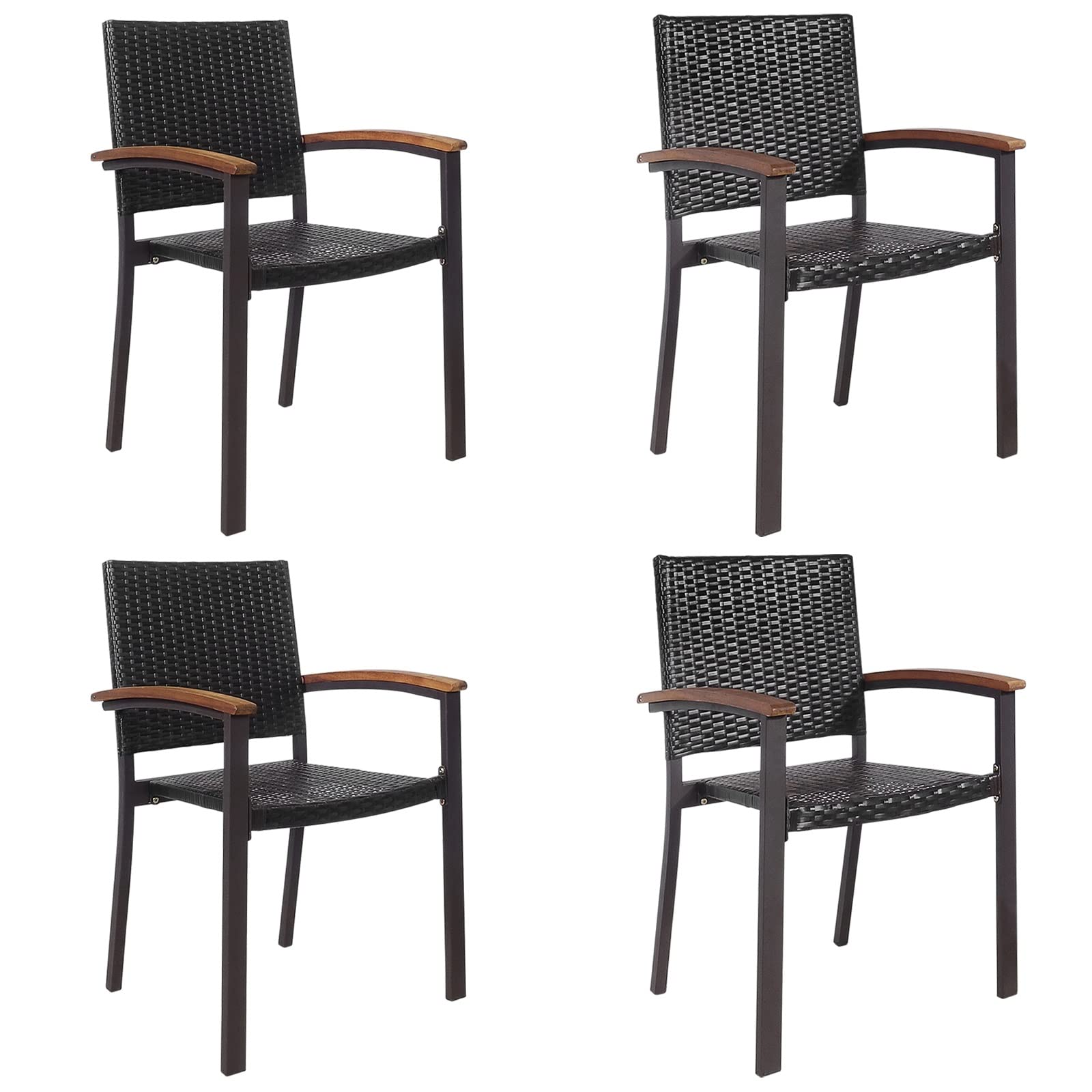 HappyGrill 4-Piece Outdoor Patio Dining Chairs Set - Stackable Rattan Wicker Armchairs with Steel Frame for Garden, Deck, Poolside & Indoor Use - Weather-Resistant Comfortable Seating for Backyard, Restaurant & Cafe