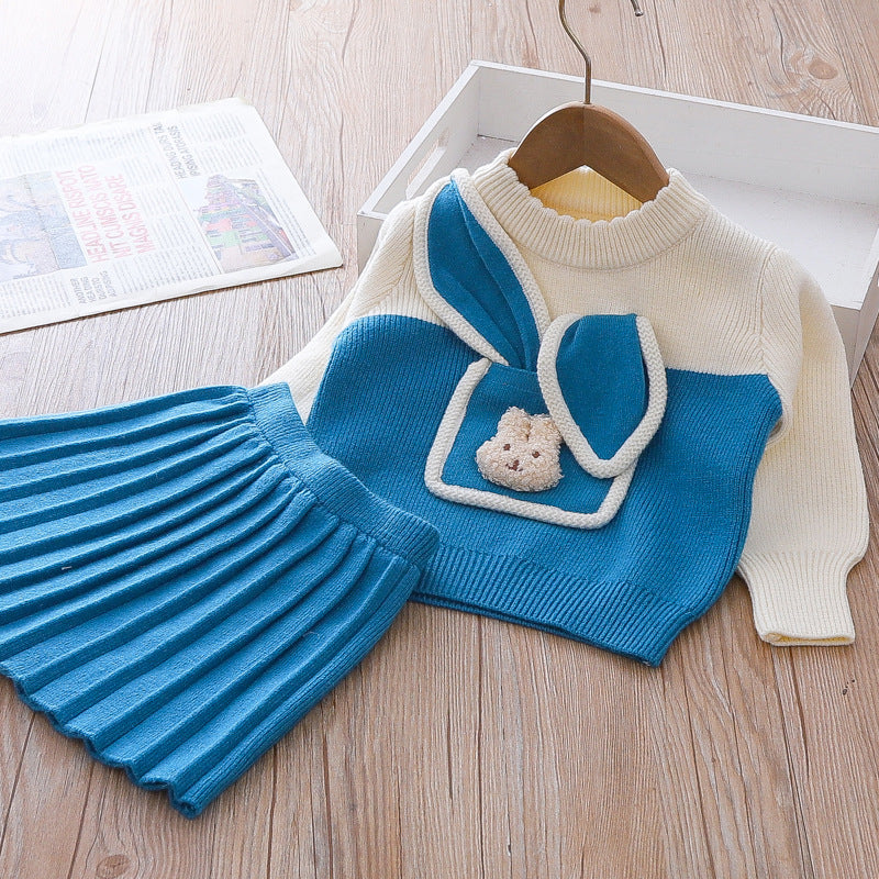 Adorable Baby Girl Bunny Print Sweater Dress 2-Piece Winter Outfit - Perfect for Holiday Photos & Family Gatherings