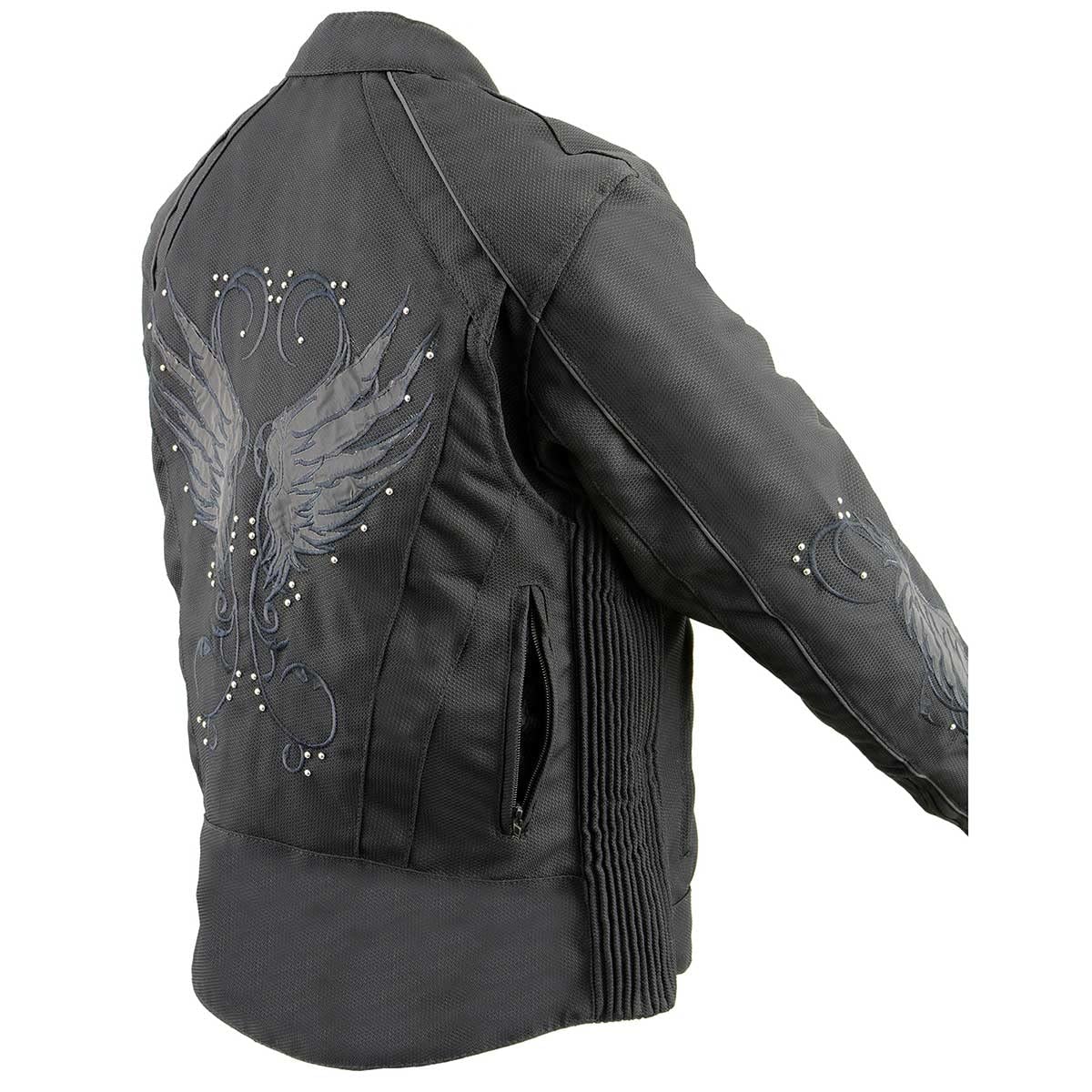 Milwaukee Leather SH1954 Women's Black Textile Motorcycle Jacket with Stud & Wings Detailing - Stylish Biker Jacket for Riding & Casual Wear