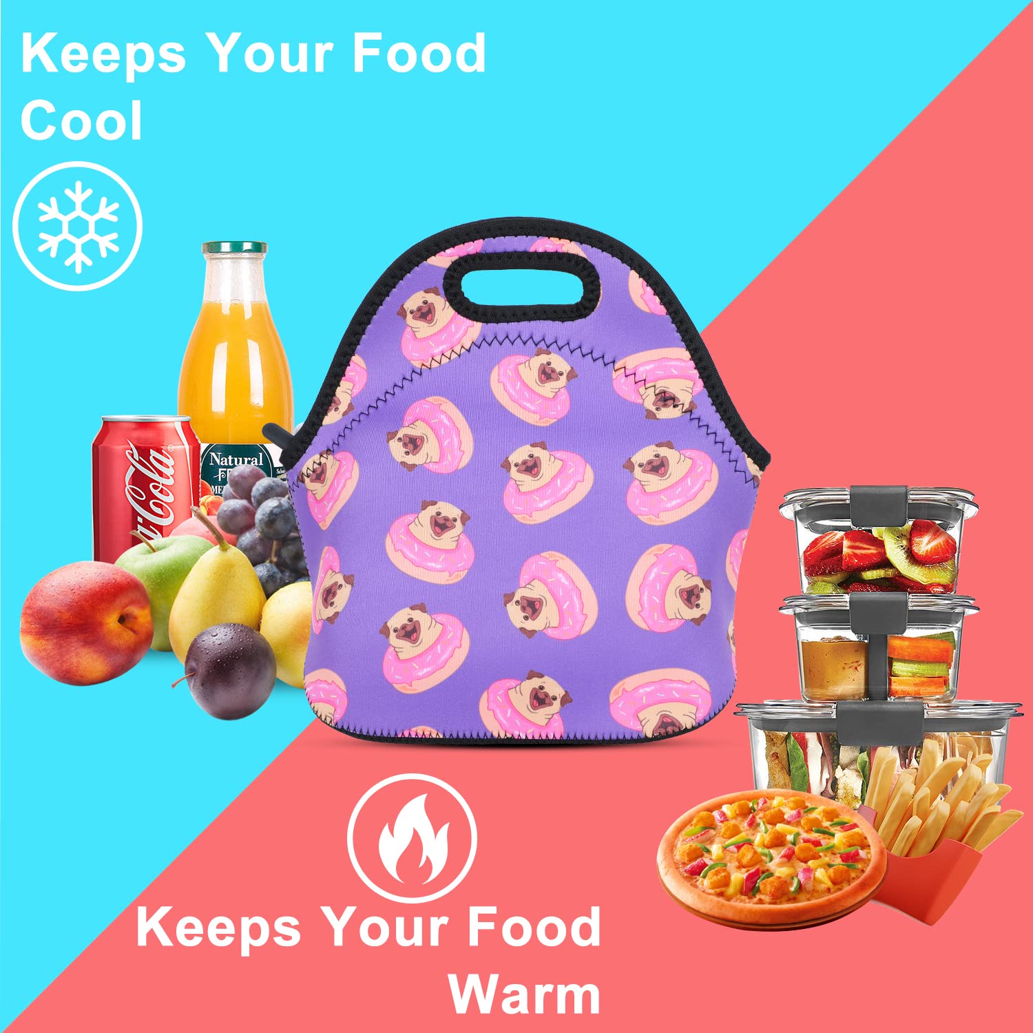 **Violet Mist Insulated Neoprene Lunch Bag for Women & Men - Cute Pug Dog Design, Reusable, Waterproof & Thermal Food Container - Perfect for Work, Travel, Picnics & School - Great Gift for Dog Lovers**