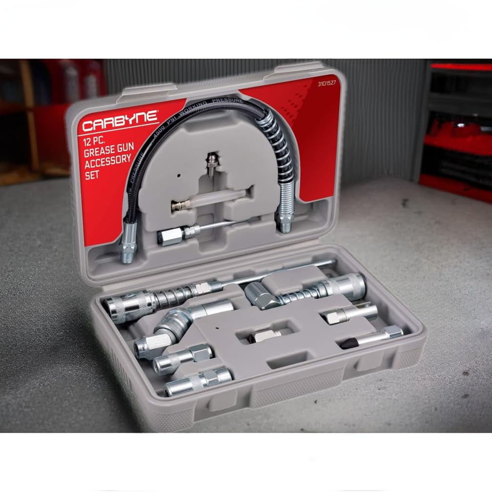 Carbyne 12-Piece Grease Gun Accessory Kit - Includes Couplers, Nozzles, Adapters & Flexible Hose with Heavy-Duty Storage Case | Made in USA | Perfect for Automotive, Industrial & Farm Equipment Maintenance