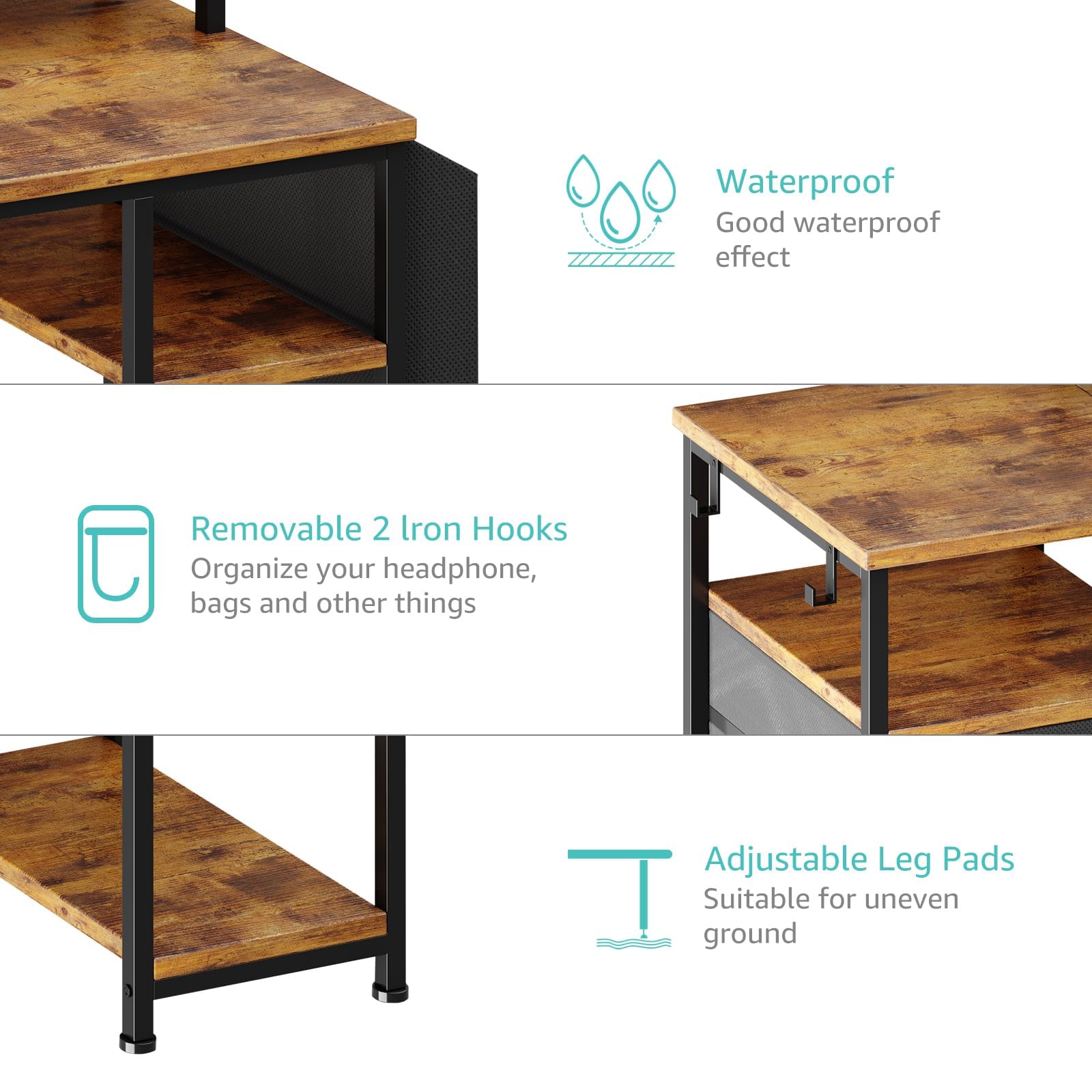 55 Inch Rustic Brown Computer Desk with Fabric File Drawers & LED Lights - Home Office Desk with Shelves, Monitor Stand & Power Outlets - Perfect for Study, Writing, Gaming & Bedroom Workspace