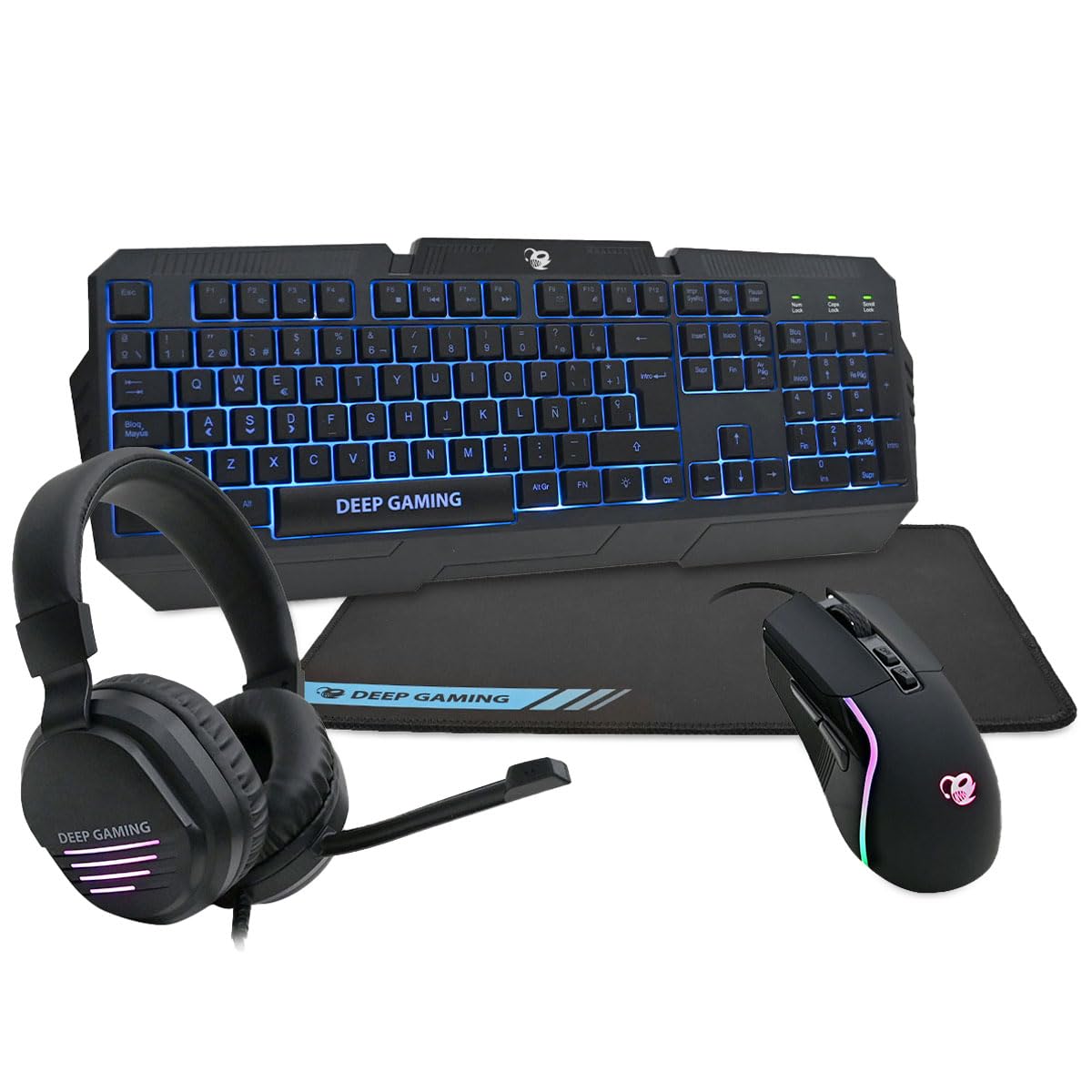 DeepGaming X-Wing 2-in-1 Gaming Combo - RGB Backlit Membrane Keyboard with Ñ Key, 7200DPI Optical Gaming Mouse, Noise-Cancelling Headset with Mic, Non-Slip Mouse Pad - Complete PC Gaming Setup for Windows/Mac - Perfect for Esports, Streaming & Home Office Work