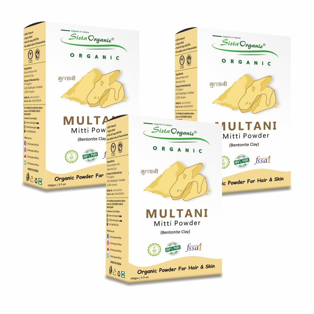 Organic Multani Mitti Clay Powder for Face Mask, Skin Brightening & Hair Care - 3 Pack (600g) | Natural Beauty Treatment for Acne, Oil Control & Glowing Skin