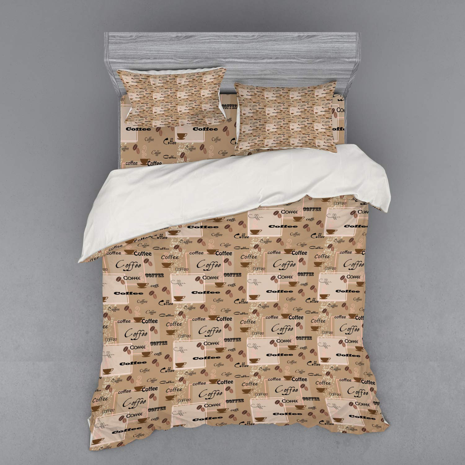 Ambesonne Coffee Lover Duvet Cover Set - Queen Size 4-Piece Bedding with 2 Pillow Shams & Fitted Sheet - Abstract Vintage Coffee Beans & Cups Design in Pale Brown Black - Perfect for Bedroom Decor & Gift for Coffee Enthusiasts