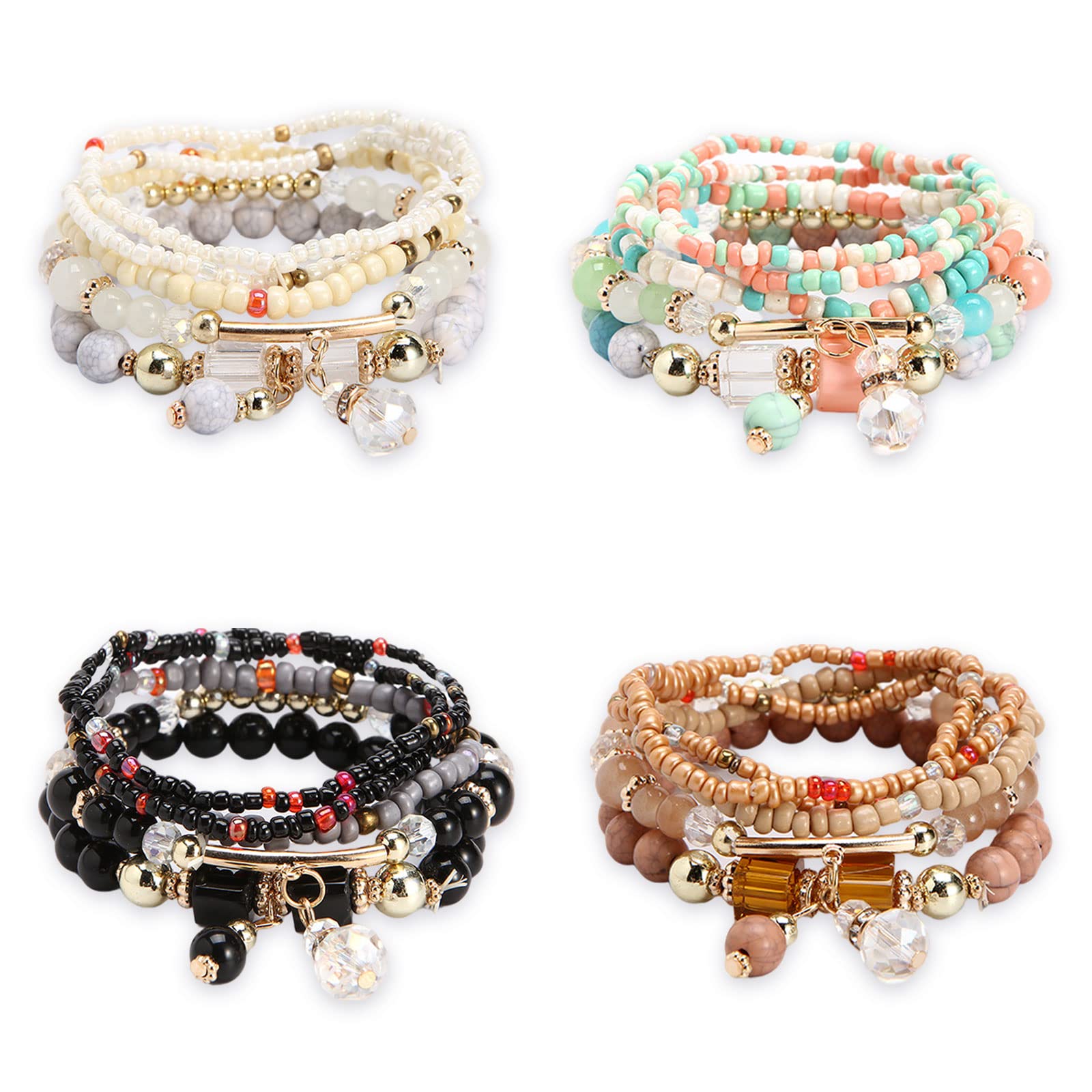 4 Sets Bohemian Stackable Bead Bracelets for Women & Teen Girls - Handmade Multilayered Stretch Bracelets - Perfect for Music Festivals, Beach Vacations & Boho Fashion Accessories