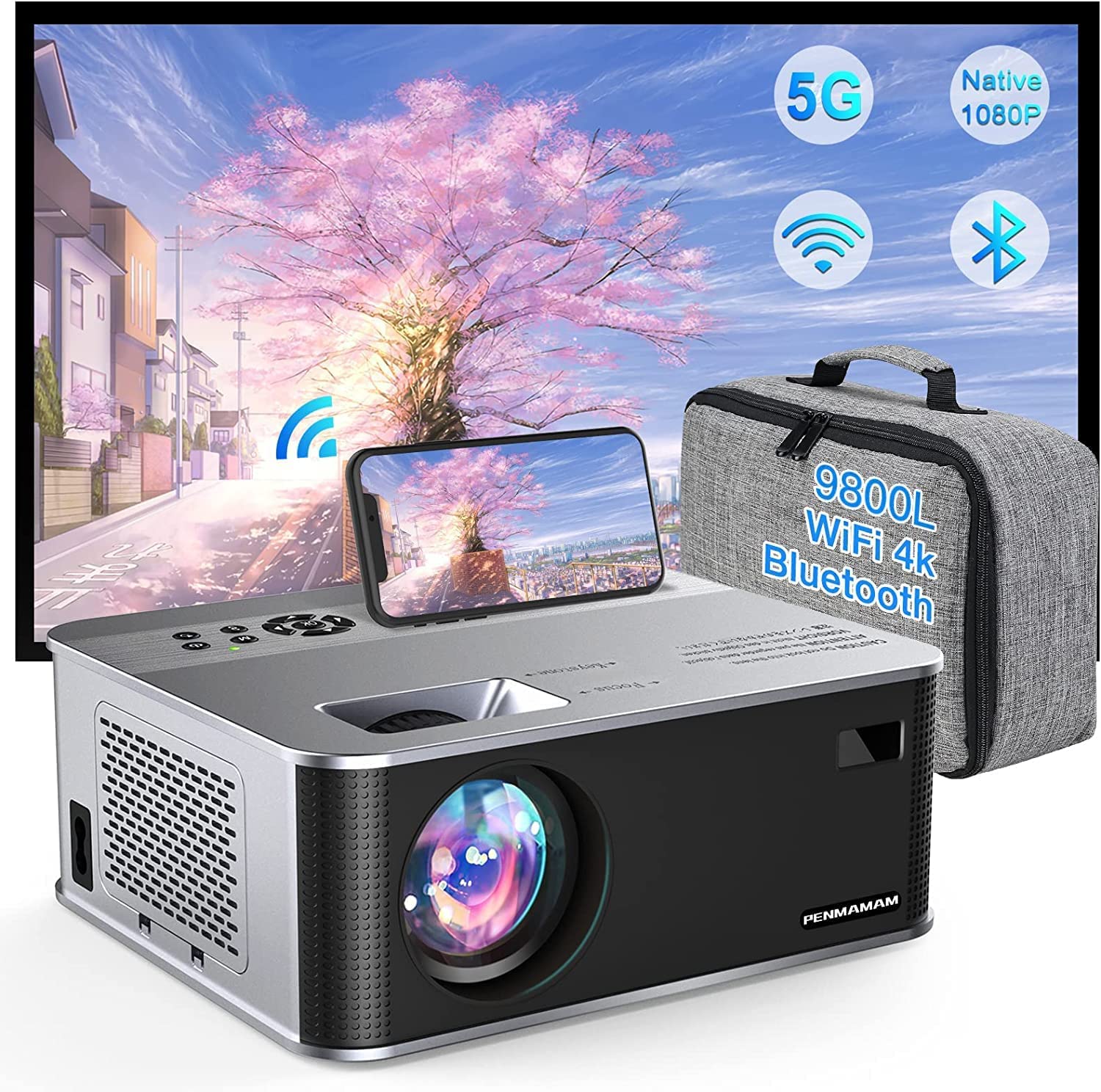 1080P HD 5G WiFi Bluetooth 4K Projector - PENMAMA 9800L Lumens Portable Mini Movie Projector with Zoom, ±15° Keystone, 300