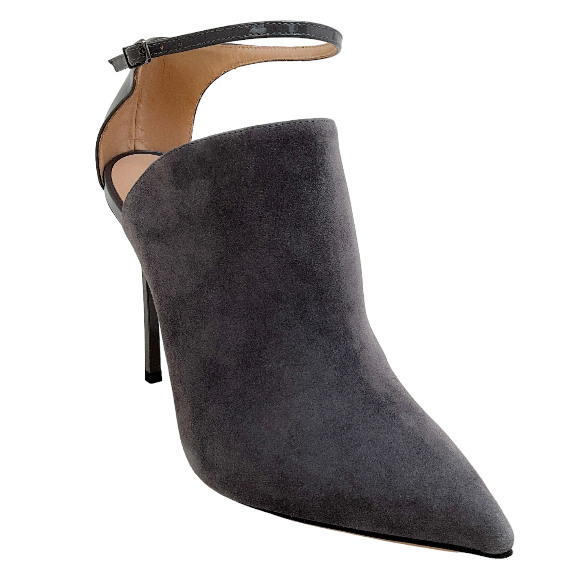 Casadei Gravity Grey Suede & Patent Leather Ankle Strap Shooties - Elegant Women's Heels for Parties, Weddings & Night Out