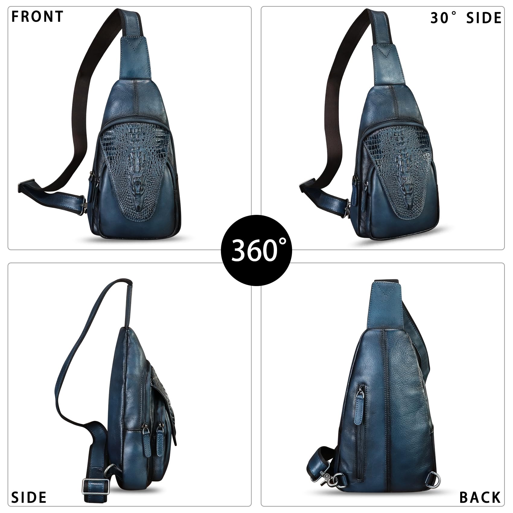 Genuine Leather Sling Bag for Men & Women - Embossed Crocodile Pattern Crossbody Backpack, Handmade Chest Purse Daypack (Navy Blue) | Perfect for Travel, Work & Everyday Use
