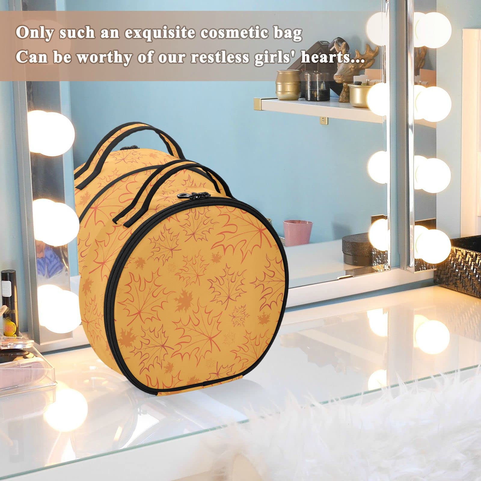 Linqin Travel Makeup Organizer Bag for Women - Portable Cosmetic Case with Adjustable Dividers, Toiletry & Jewelry Organizer, Skincare Pouch for Brushes & Cosmetics (Maple Leaf Design) - Perfect for Travel, Home Storage & Daily Use