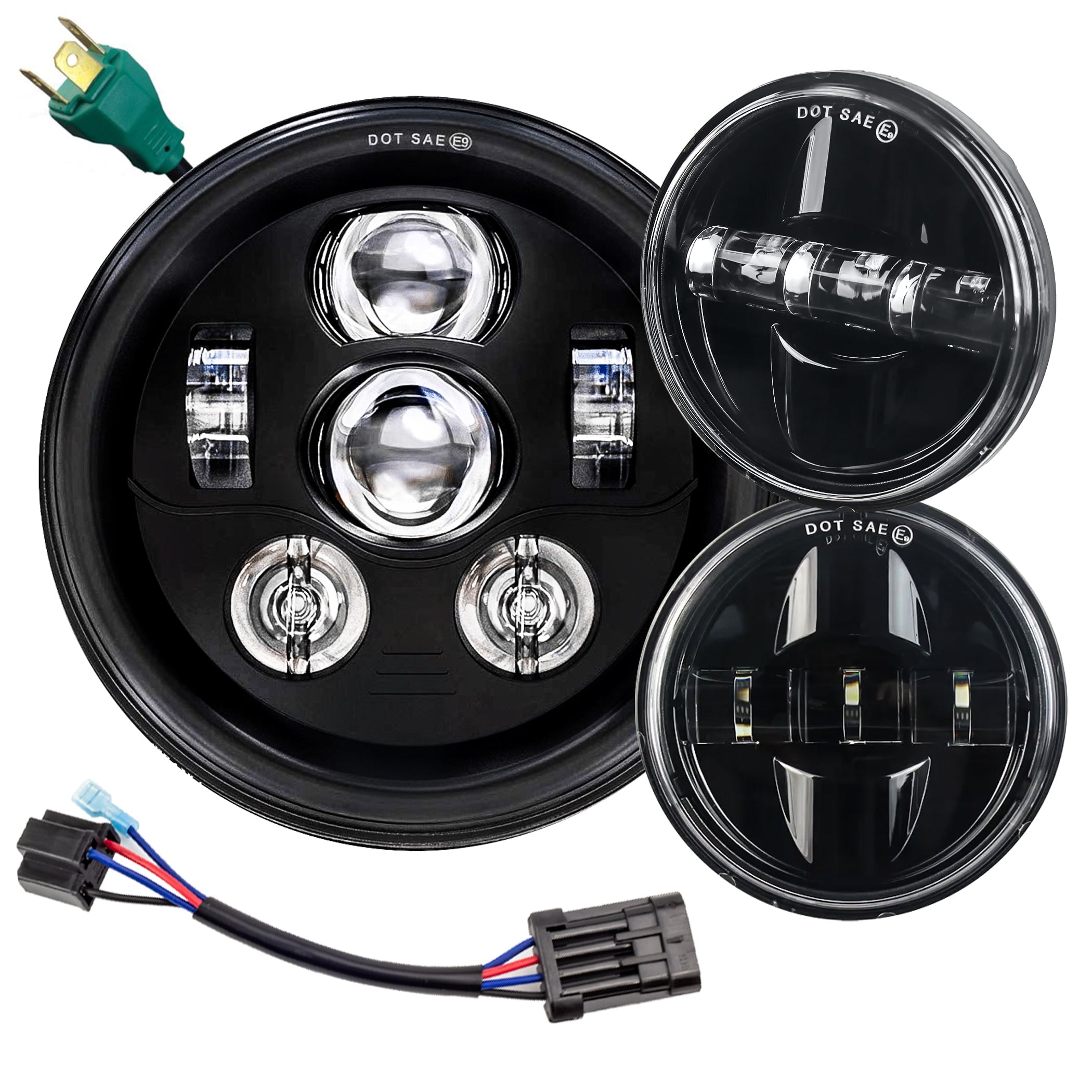 Eagle Lights 7 LED Headlight & 4.5 LED Passing Light Kit for Harley Davidson & Indian Motorcycles - Generation III Black - High Visibility Motorcycle Lighting for Night Riding & Safety
