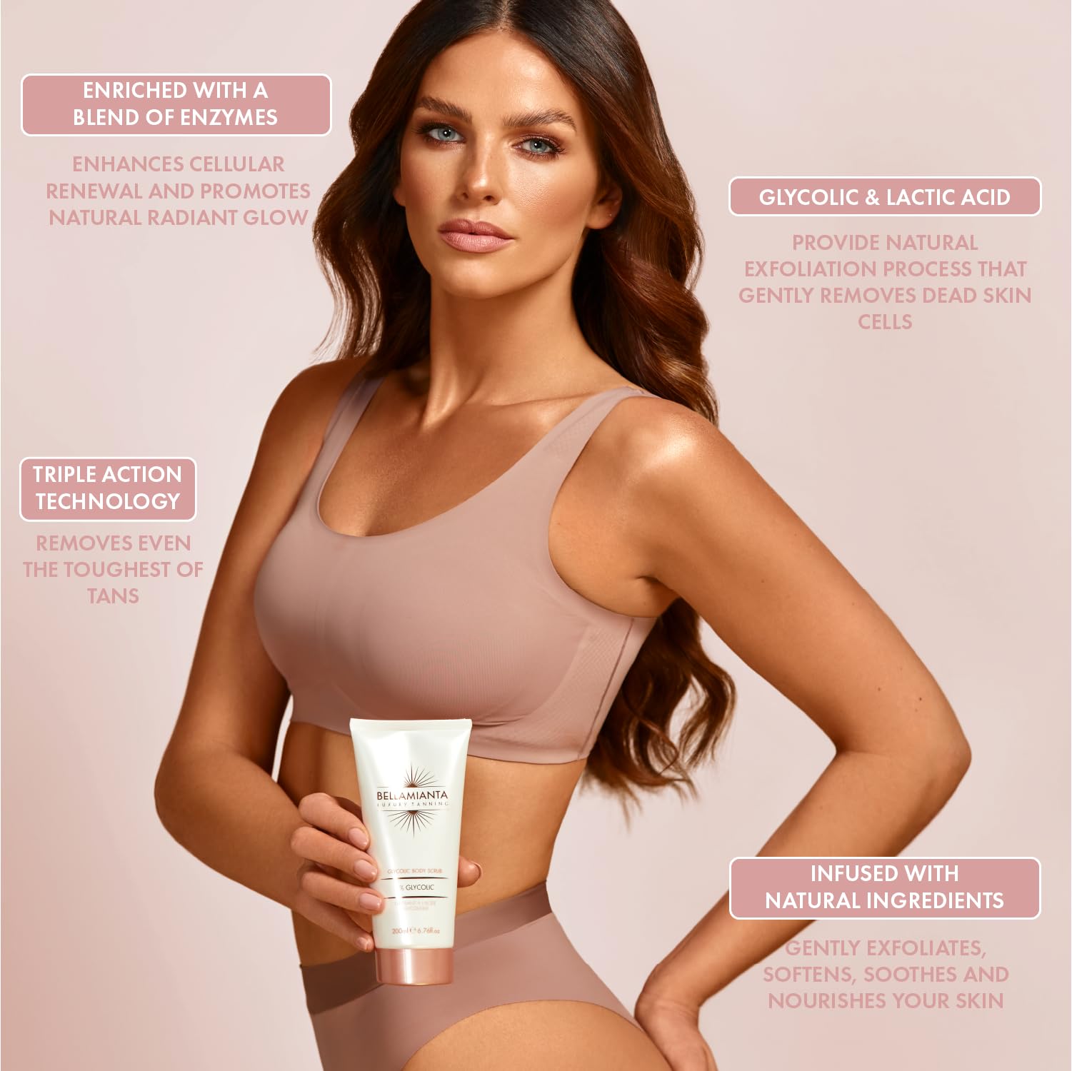 Bellamianta Glycolic Body Scrub with AHA Blend & Seabuckthorn - Triple Action Exfoliating Wash for Tough Tan Removal - 200ml Skin Brightening Body Polish - Perfect for Pre-Summer Prep & Post-Tanning Care