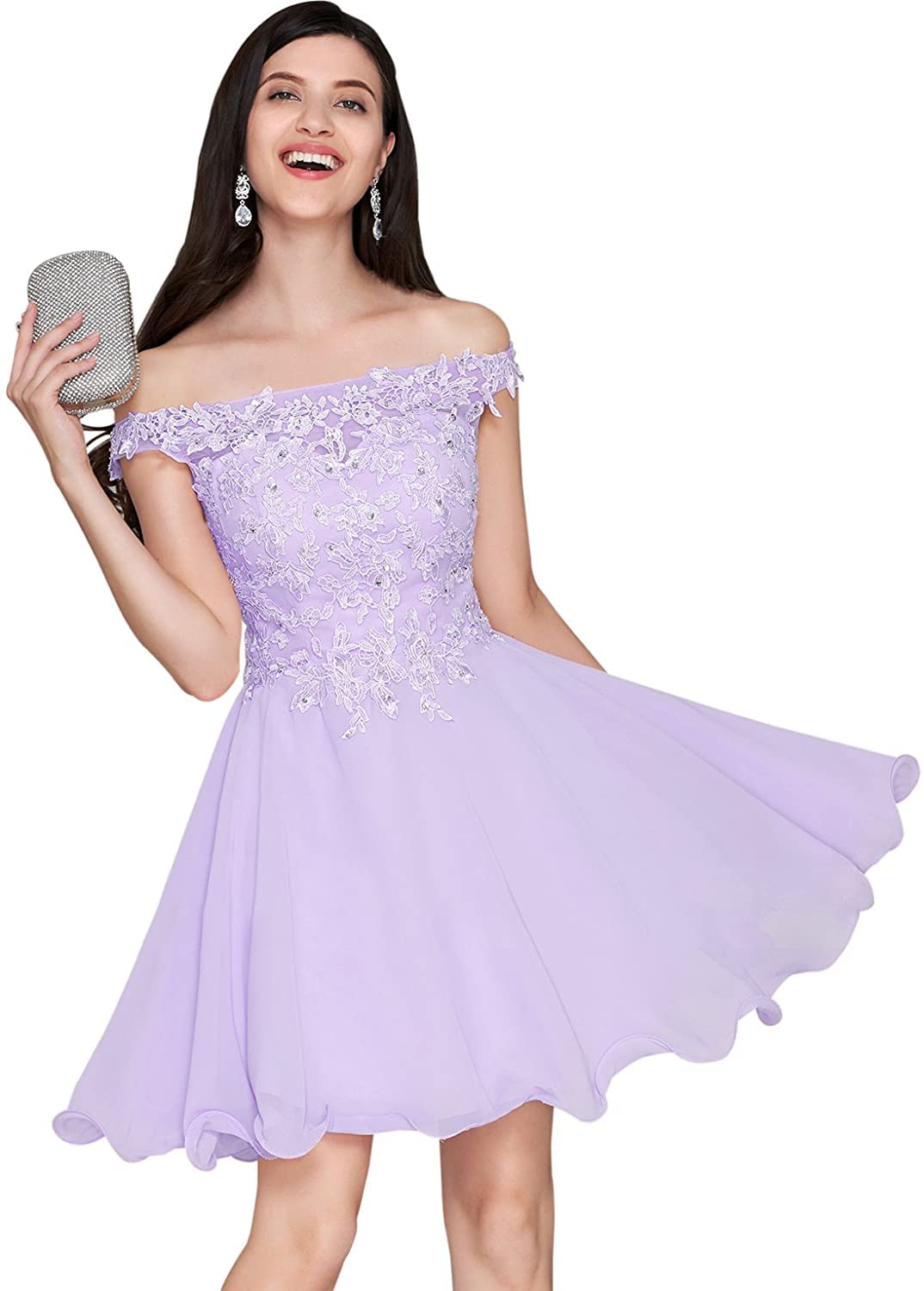 Elegant Women's Chiffon Lace Off-Shoulder Short Homecoming Dress - Sexy Prom Party Gown for Evening Events & Special Occasions