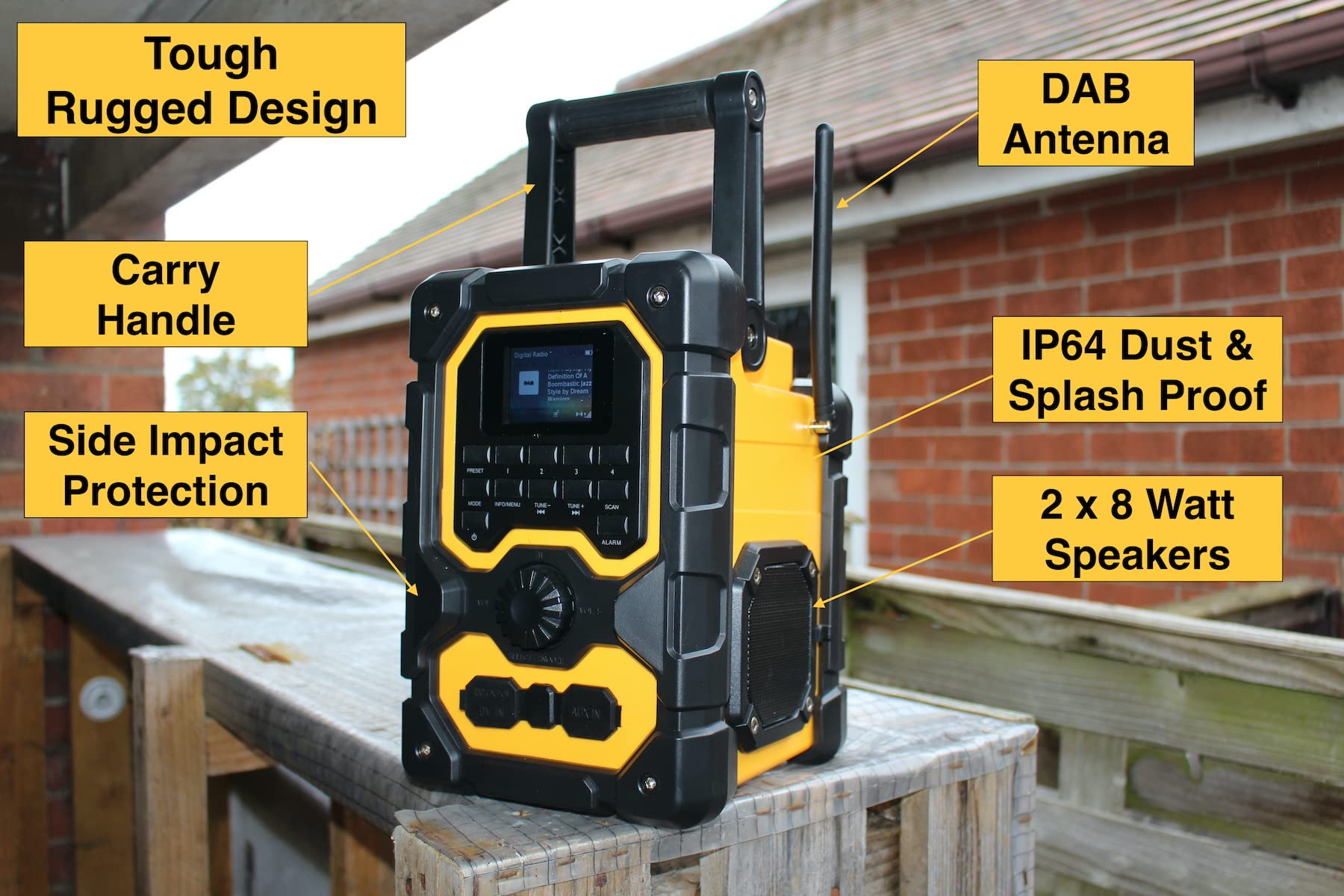 UEME 16W Jobsite DAB/DAB+ FM Radio - Rugged Construction Bluetooth Radio with Rechargeable Battery, AUX Input & USB Charging | Perfect for Builders, Contractors & Outdoor Work Sites | Includes Mains Adaptor