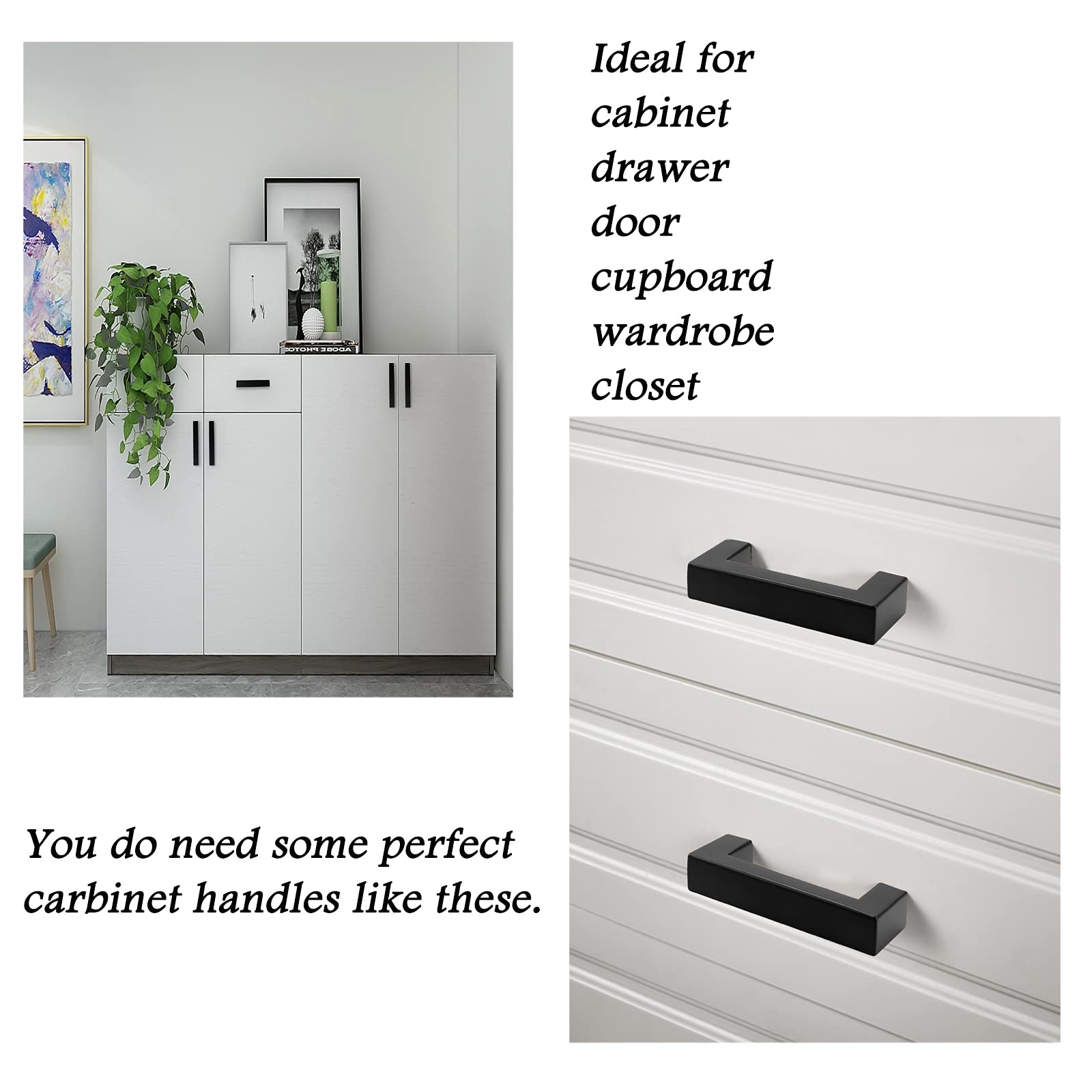 Probrico 10 Pack Black Kitchen Cabinet Pulls - Stainless Steel 2.5 Inch Hole Centers, Square Corner Bar Drawer Handles for Cabinets & Dressers | Durable Hardware for Modern Kitchens, Bathrooms & Furniture