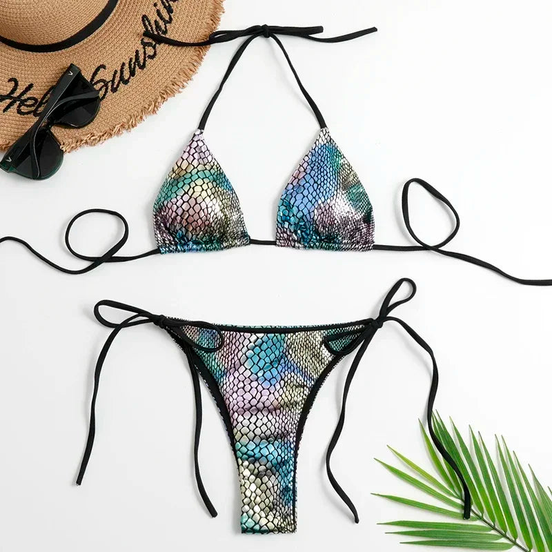 Shiny Fish Scale Halter Triangle Bikini Set - Women's Micro Thong Swimwear, Sexy Swimsuits for Beach & Pool Party | Biquinis Mujer for Summer Vacation & Tropical Getaways