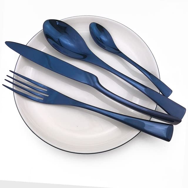 Premium 4-Piece Stainless Steel Silverware Flatware Set - Elegant Blue Cutlery with Black Handles (Knife, Fork, Spoon, Dinner Fork) - Durable Rainbow Tableware for Restaurants, Dinner Parties & Home Dining