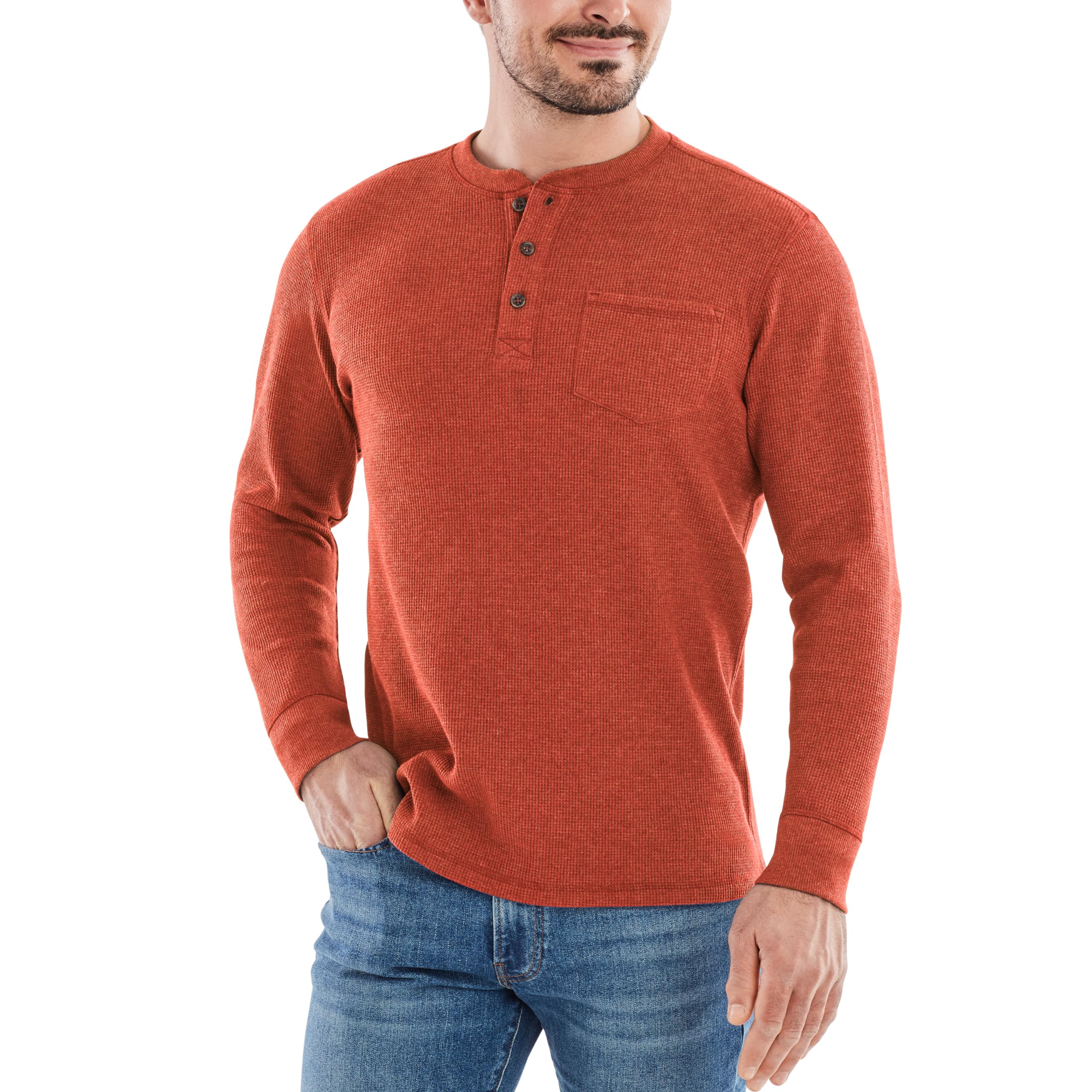 Men's Long-Sleeve Waffle Knit Thermal Henley Shirt with Pocket - Warm Winter Base Layer for Hiking, Camping & Outdoor Activities | American Outdoorsman