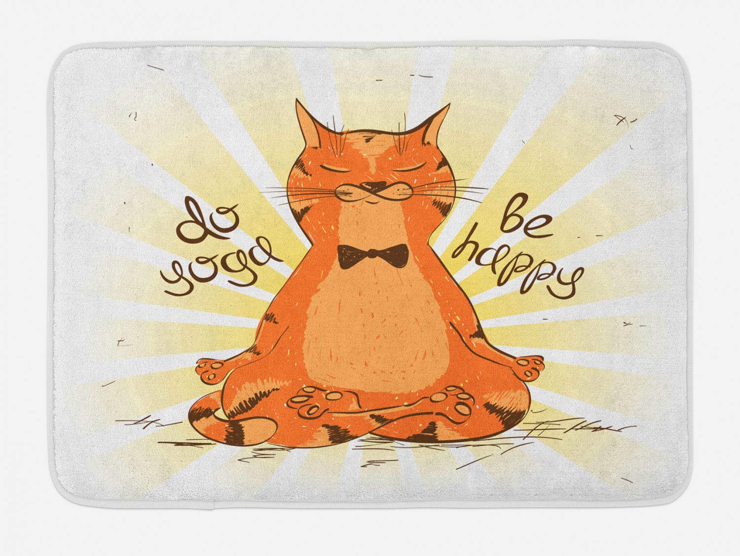 Lunarable Non-Slip Plush Cat Bath Mat - Starburst Stripes Yoga Cat Design with 'Be Happy' Quote, 30.2 x 20 Inches, Orange & Yellow - Soft Bathroom Rug for Yoga Lovers & Cat Owners