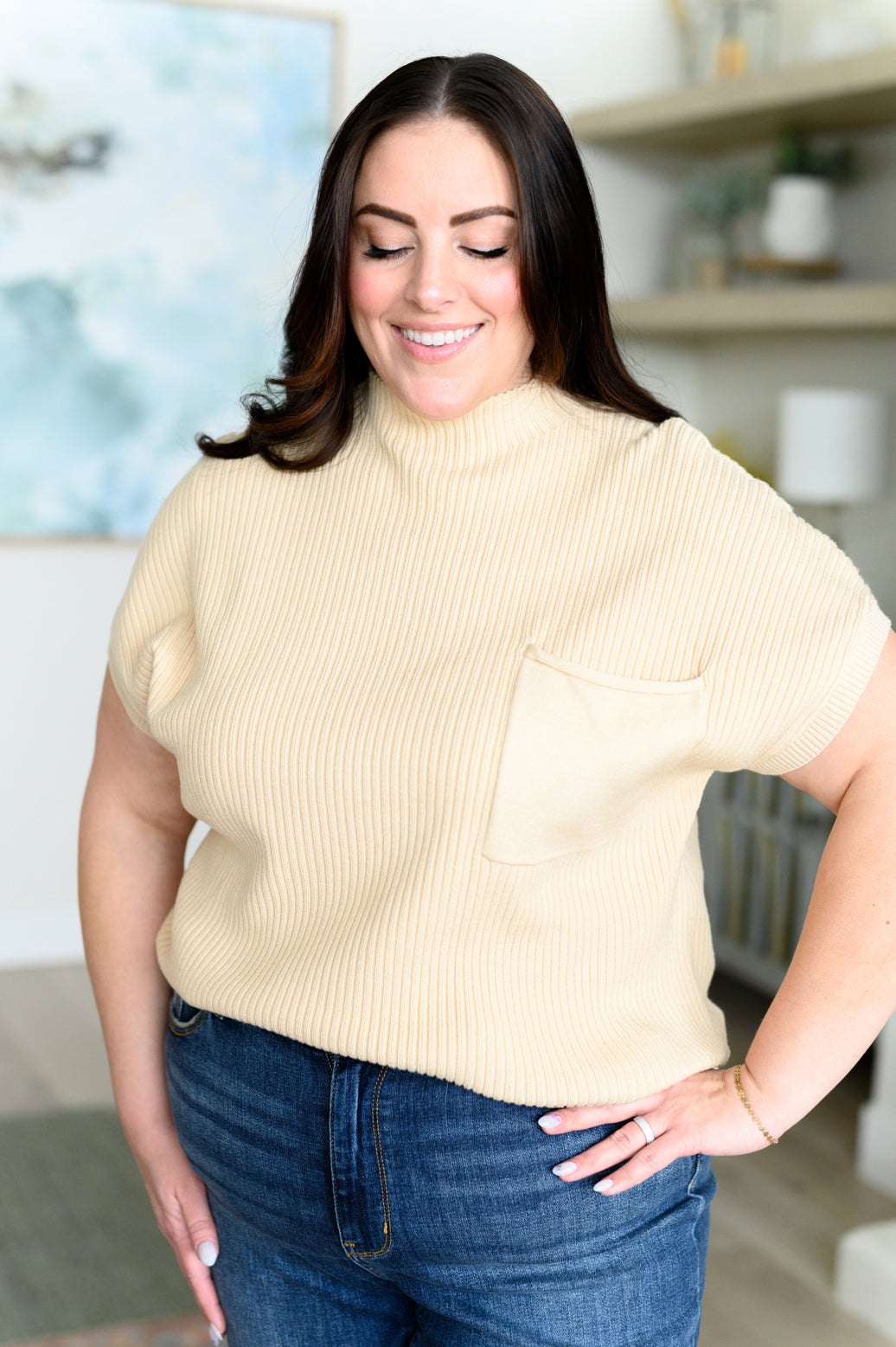 This Little Life Women's Mock Neck Short Sleeve Sweater - Soft Knit Pullover Top in Oatmeal Beige | Casual Outfit for Work, Dates & Fall Layering