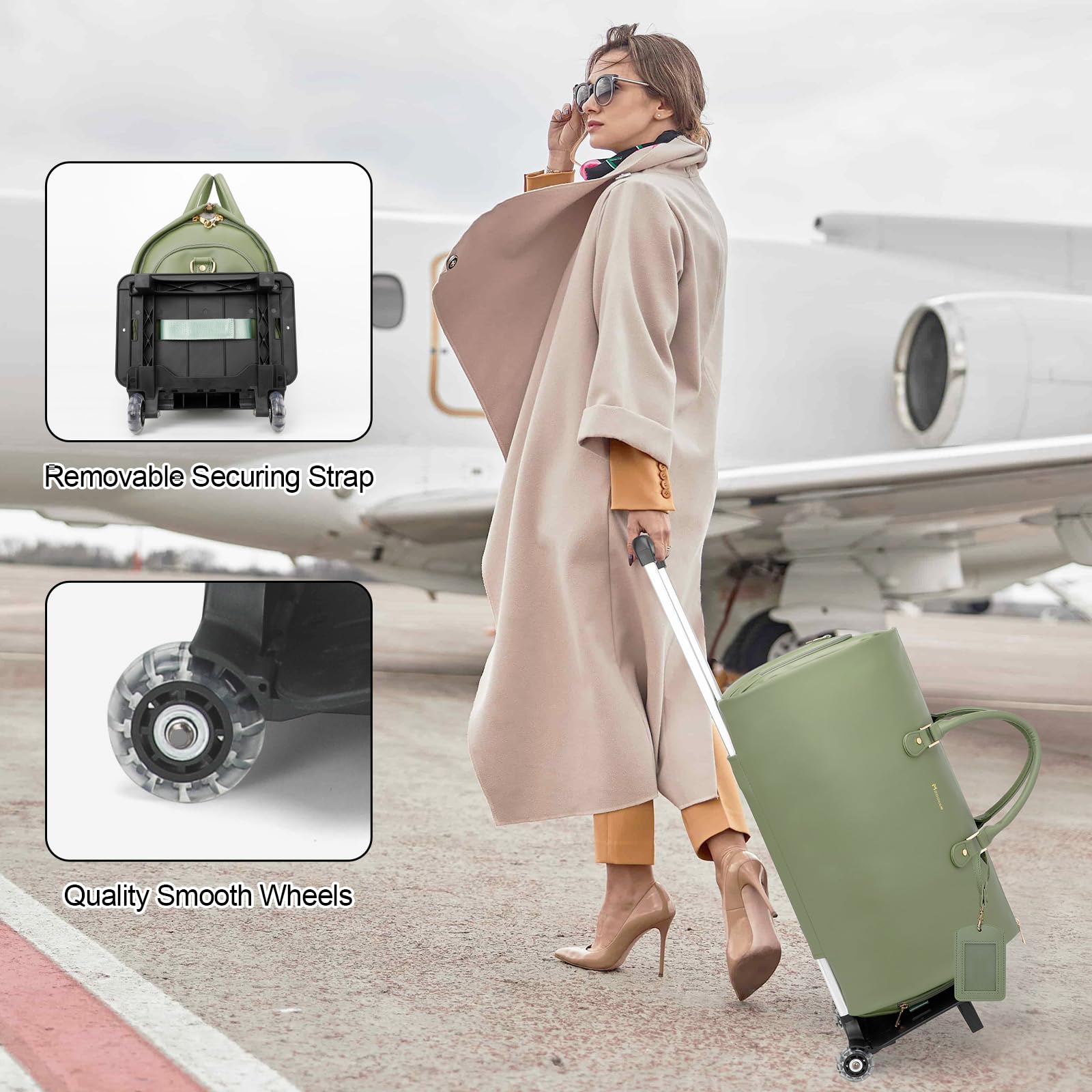Modoker Rolling Garment Bag with Wheels - PU Leather Convertible Travel Duffel Bag for Women, Trolley Suit Luggage Carry On (Green) - Perfect for Business Trips, Vacation & Airplane Travel