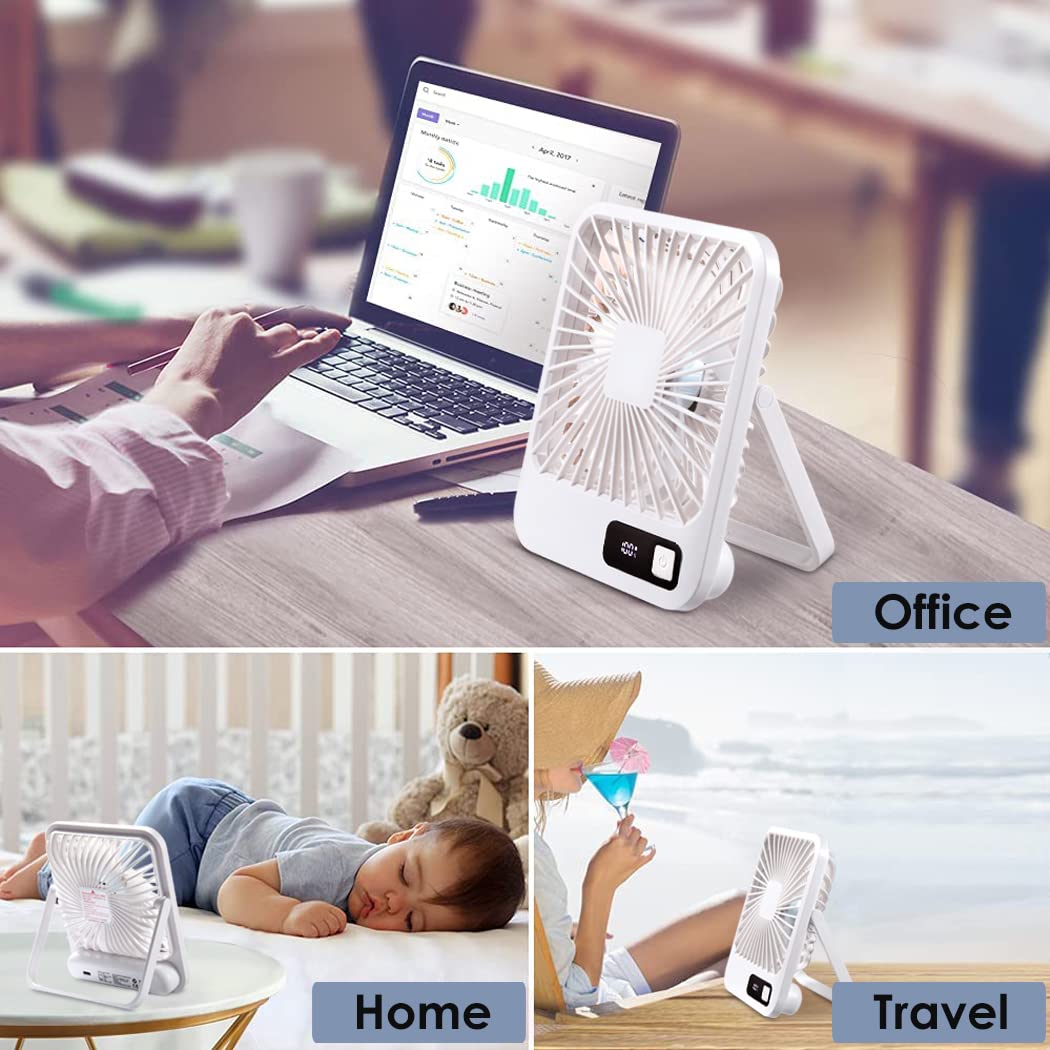 Venanoci LAAAZY Small Desk Fan - Portable USB Rechargeable Mini Fan with 2000mAh Battery, LCD Display, 5 Speed Modes & Ultra Quiet Operation | Strong Wind Personal Fan for Office, Home, Camping, Travel & Outdoor Activities
