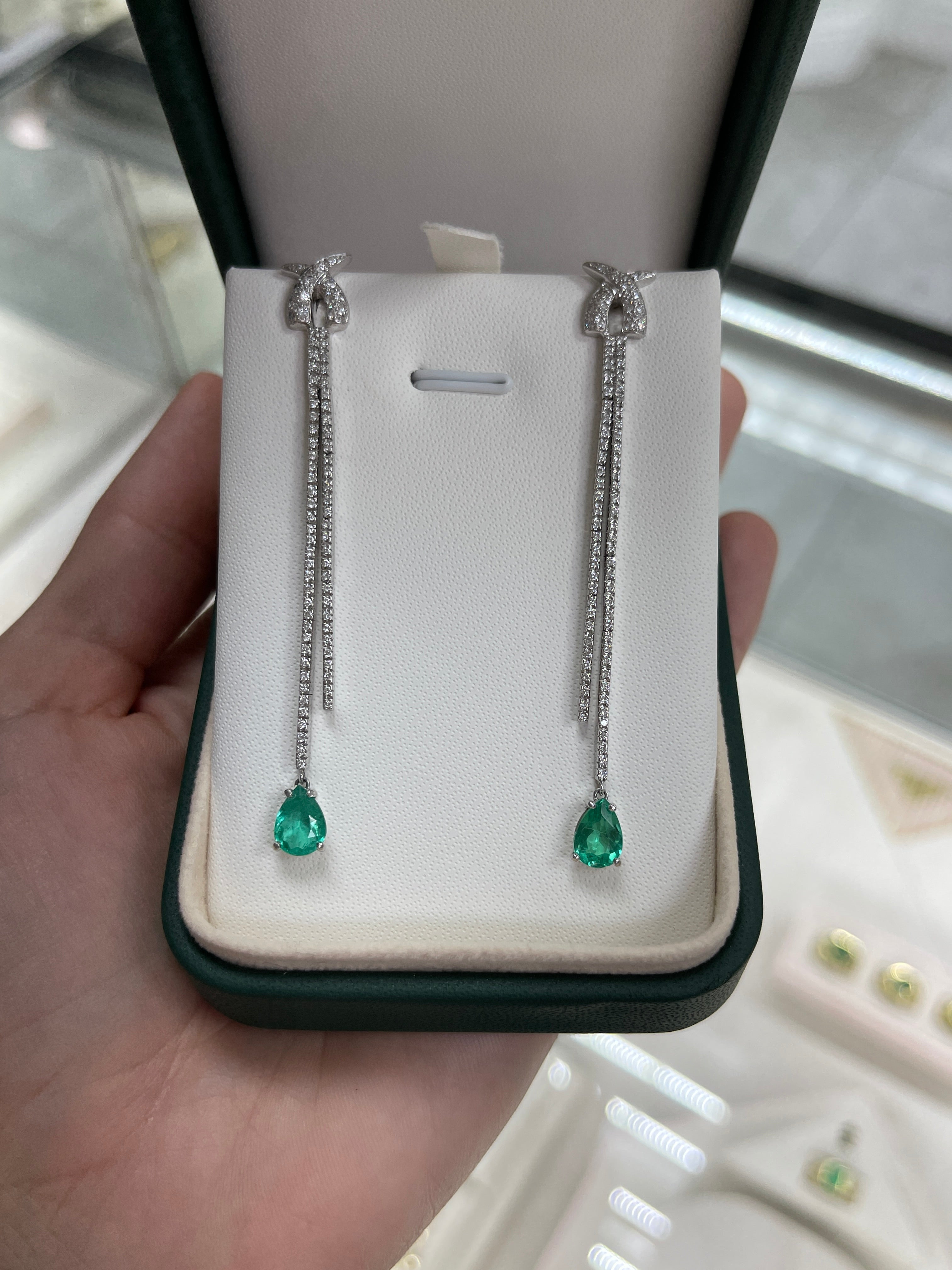 2.58tcw Natural Emerald and Diamond Teardrop Chandelier Earrings in 18K White Gold | Elegant Jewelry for Weddings, Parties & Special Occasions