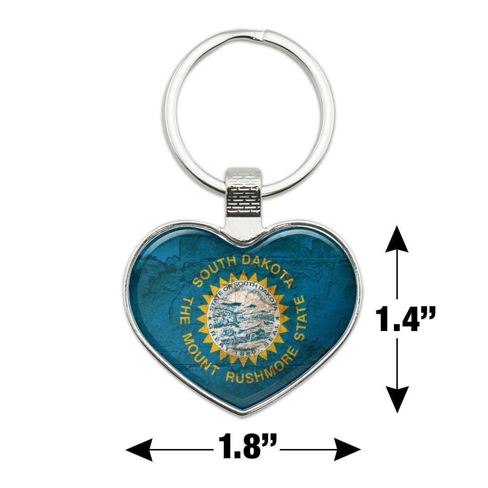Vintage Rustic South Dakota State Flag Keychain - Distressed USA Metal Key Ring with Heart Design - Perfect for Travel, Gifts & Patriotic Accessories