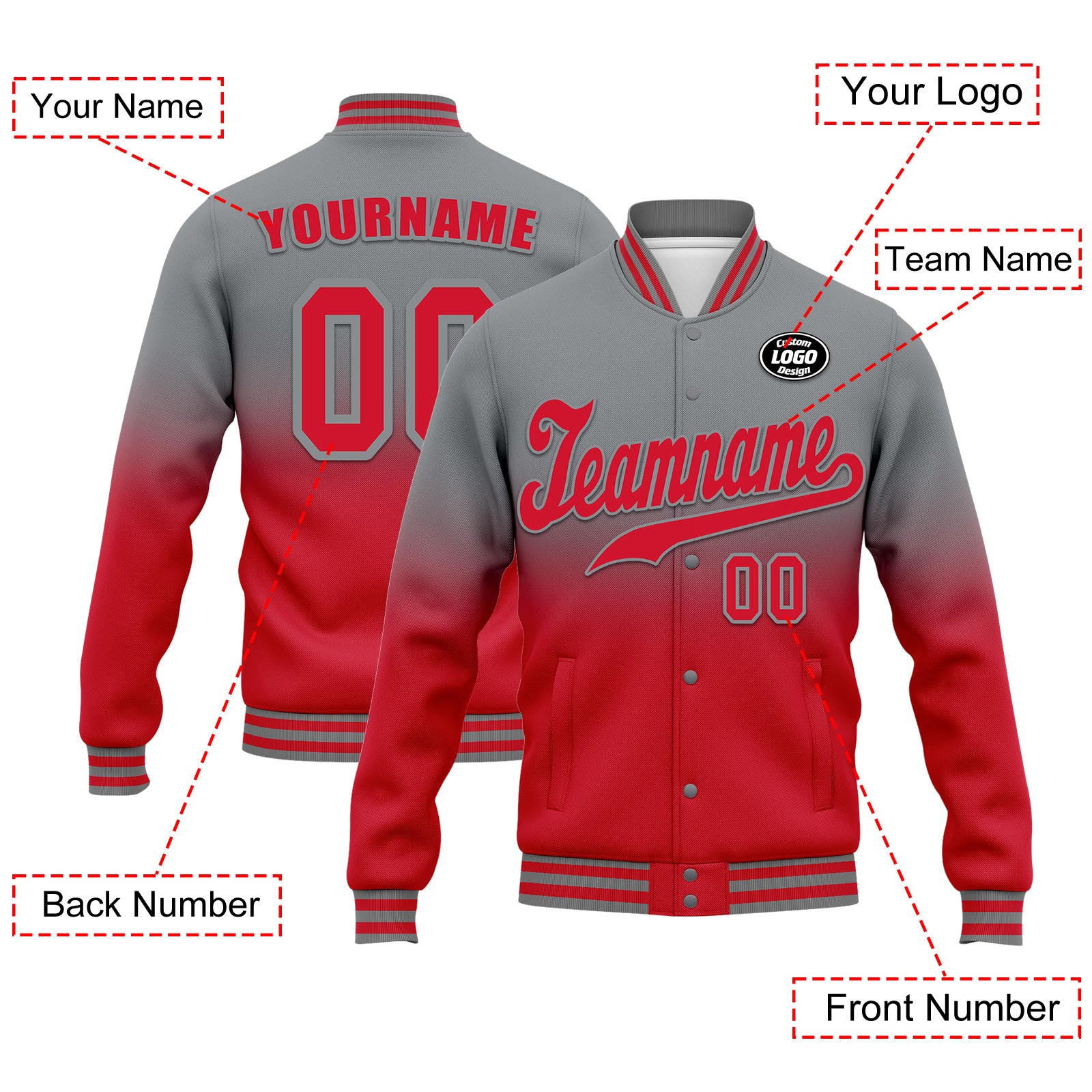 Custom Gray Red Fade Fashion Bomber Jacket - Full Snap Varsity Letterman Jacket - Personalized Embroidered Design (FZ005 D020229 27) - Perfect for School Sports, Casual Wear & Street Style Outfits