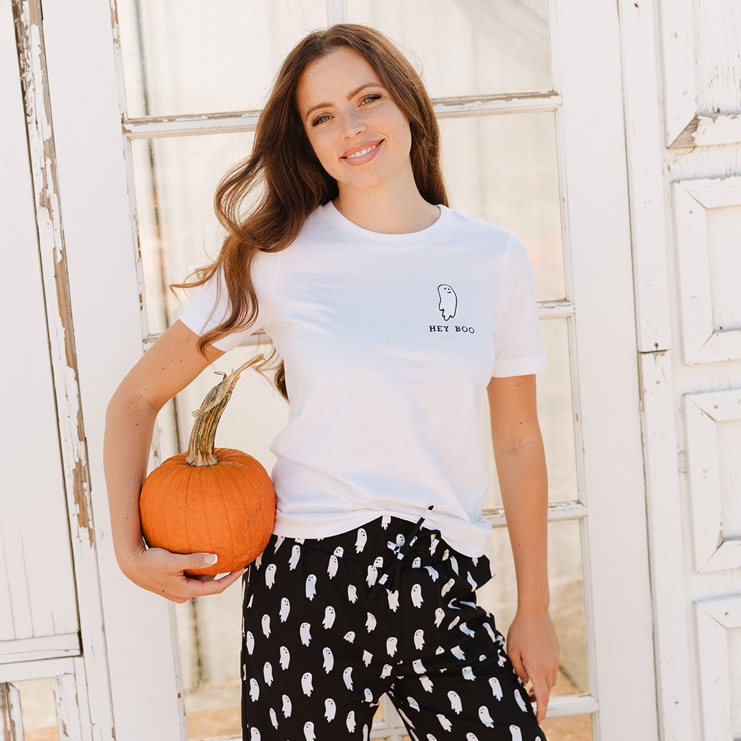 Hey Boo Embroidered Boyfriend T-Shirt for Women - Soft White Relaxed Fit Tee - Casual Everyday Wear & Cute Date Outfits