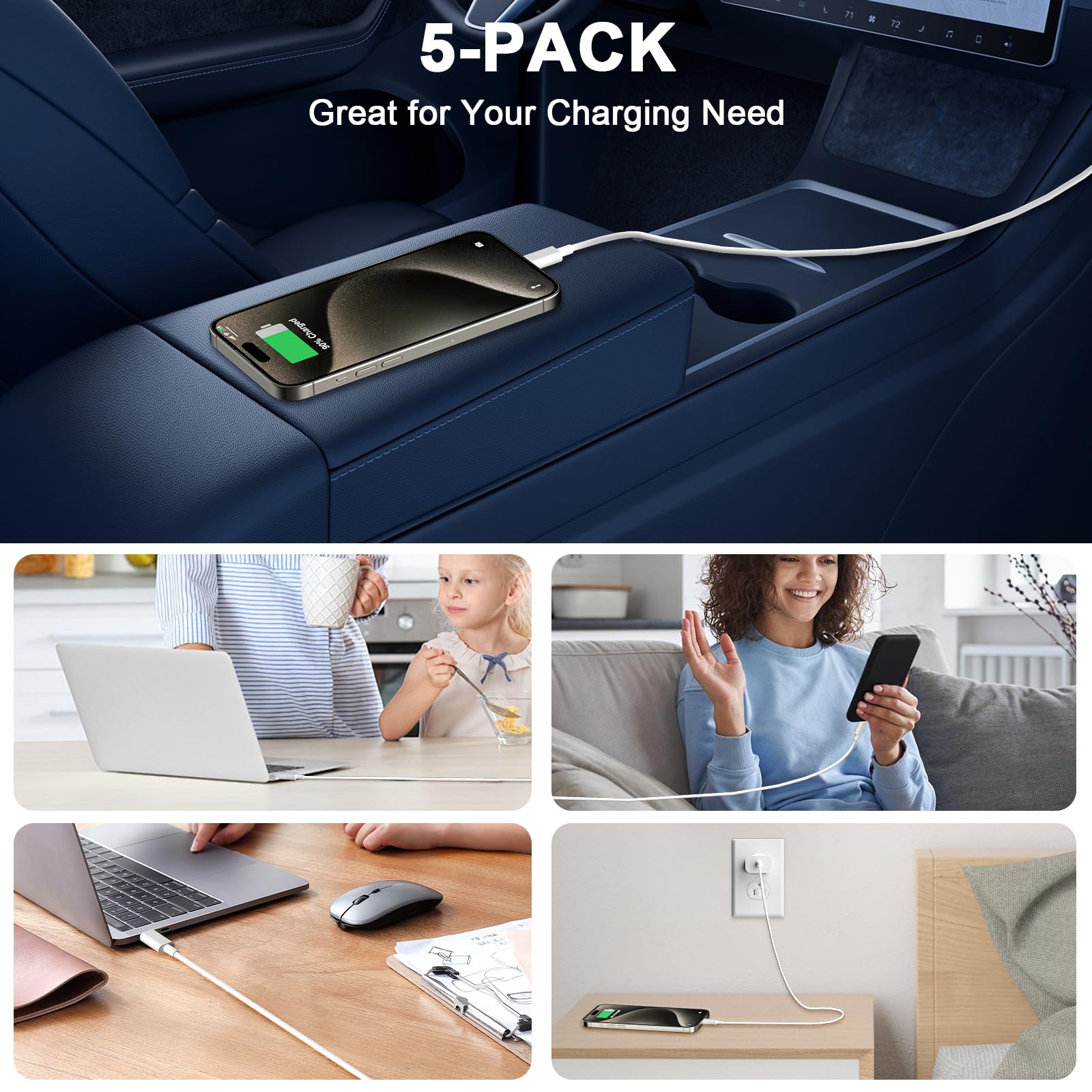 5-Pack 60W USB C to USB C Fast Charging Cable (2M/6.6ft) - Compatible with iPhone 16/15 Series, iPad Pro/Air/Mini, MacBook Air/Pro, Samsung Galaxy & Google Pixel - Perfect for Home, Office & Travel Charging