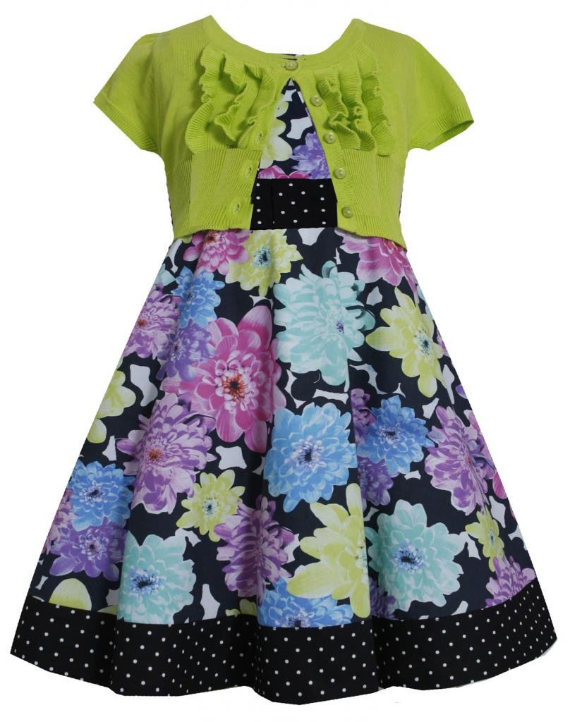 Bonnie Jean Girls Floral Print Dress and Jacket Set - Lime Green & Black (Size 2T-6X) | Perfect for Birthday Parties, Easter, and Special Occasions