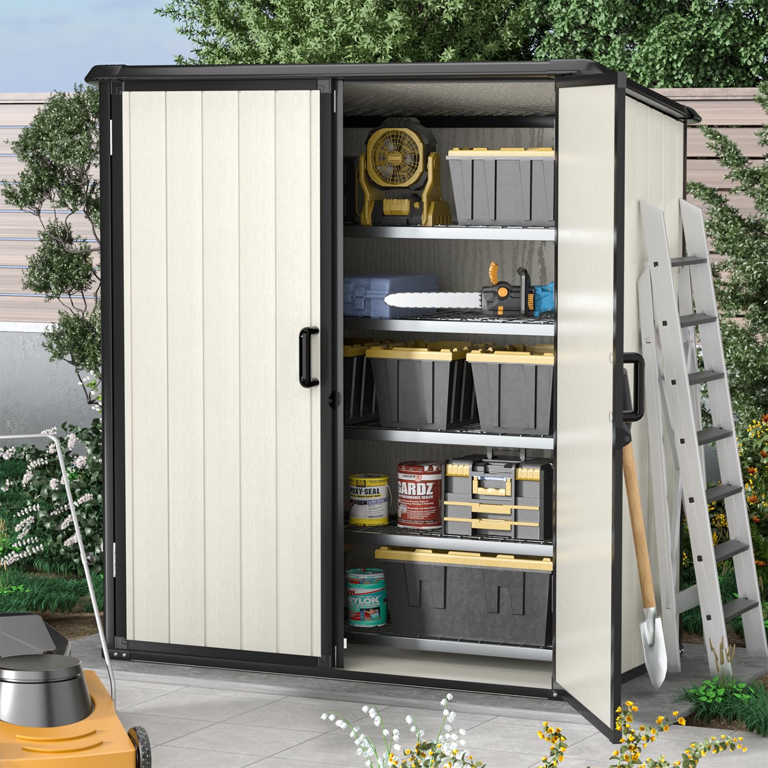 Aoxun 5x3FT Outdoor Storage Shed - Durable Resin Garden Shed with Floor & Lockable Door - Waterproof Plastic Storage for Bikes, Tools, Lawn Equipment, Trash Cans & Garden Accessories (Beige) - Perfect for Backyard, Patio & Garage Organization