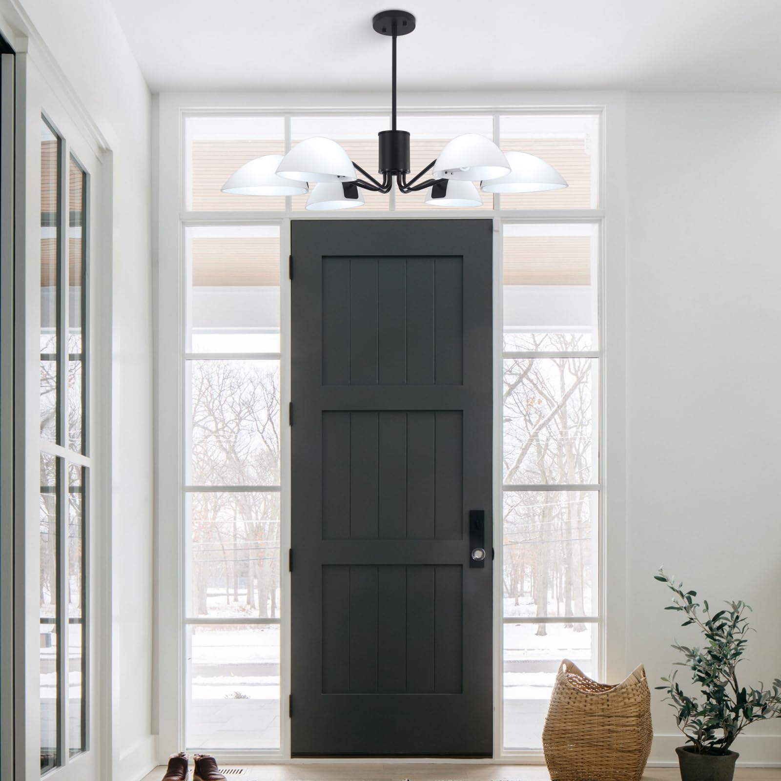 Modern Black Chandelier Ceiling Light with Milk Glass Shades - 34.64 Inch Industrial 6-Light Pendant Fixture for Dining Room, Kitchen, Hallway, Foyer & Entryway | Elegant Lighting for Home Decor, Restaurants and Office Spaces