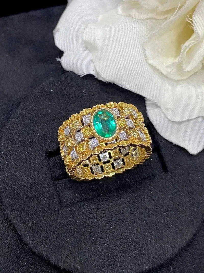 18K White & Yellow Gold Honeycomb Design Ring with Real Natural Emerald & Diamond for Women | Elegant Wedding, Engagement, Anniversary Jewelry Gift
