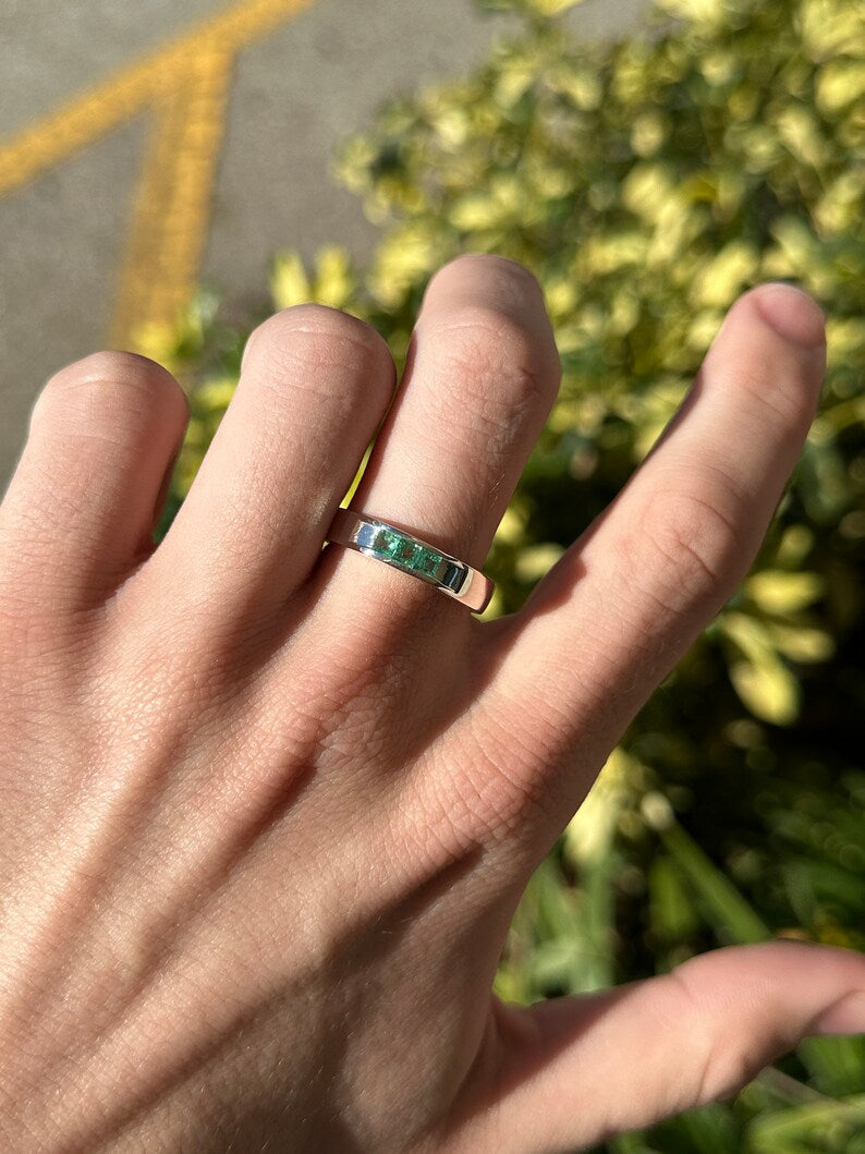 0.50tcw 3 Stone Natural Medium Dark Green Emerald Sterling Silver Ring for Men & Women | .925 Silver Unisex Middle Finger Ring | Perfect for Gifts, Weddings & Everyday Wear
