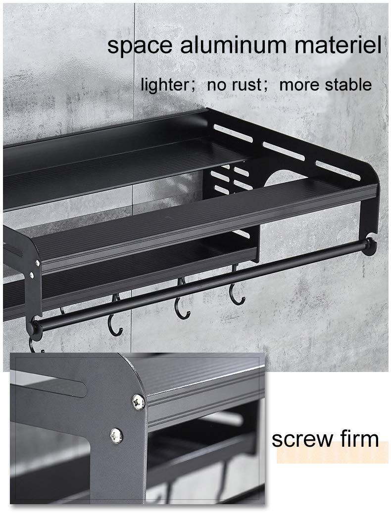 Black Aluminum Microwave Oven Wall Mount Shelf - Double Bracket with 10 Removable Hooks & Wrapper Roll Holder - Space Saving Kitchen Organizer for Christmas Decorations & Small Appliances