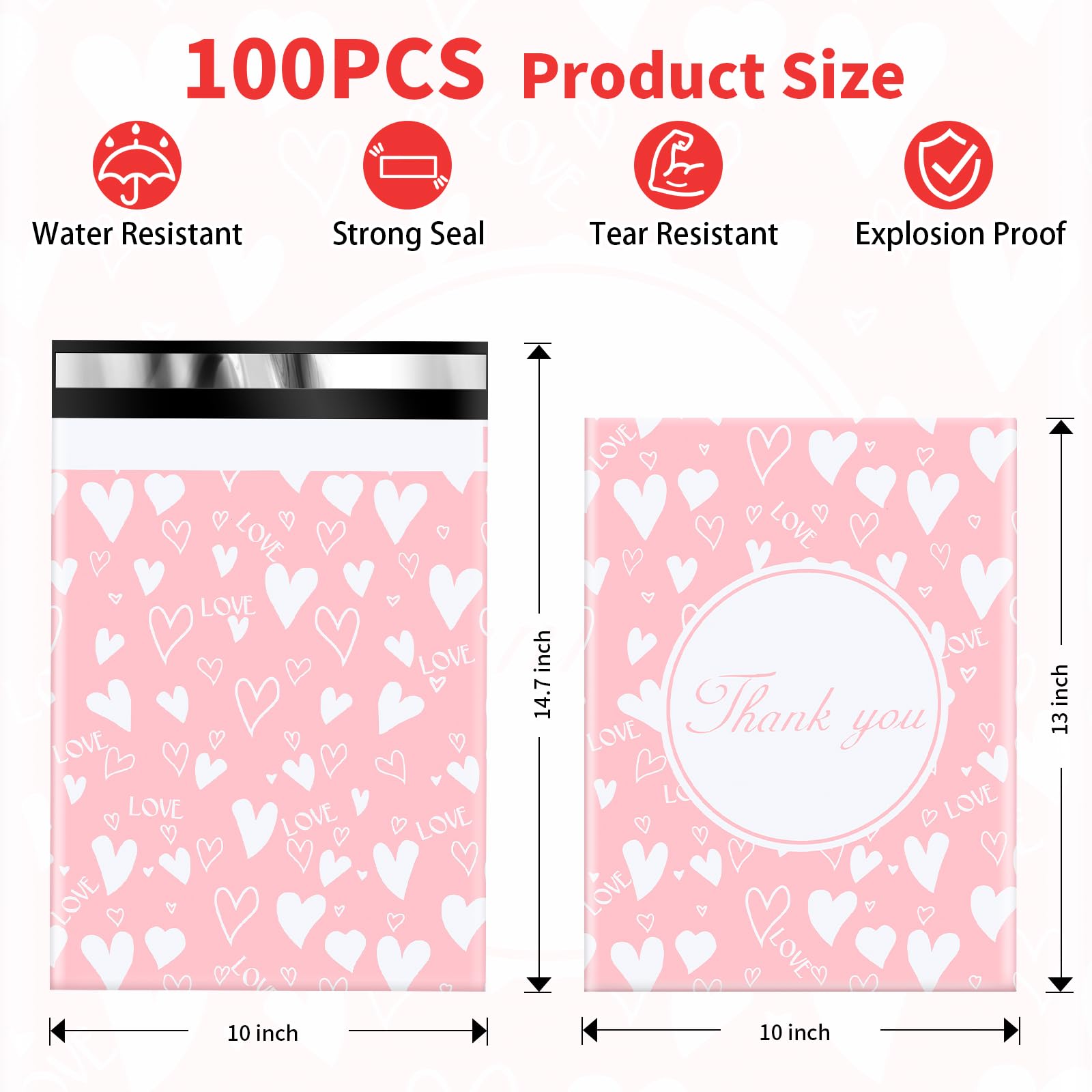100PCS 10x13 Pink Heart Poly Mailers - Waterproof Shipping Bags, Mailing Envelopes for Ecommerce, Online Stores & Small Businesses - Perfect for Clothing, Jewelry & Lightweight Item Packaging