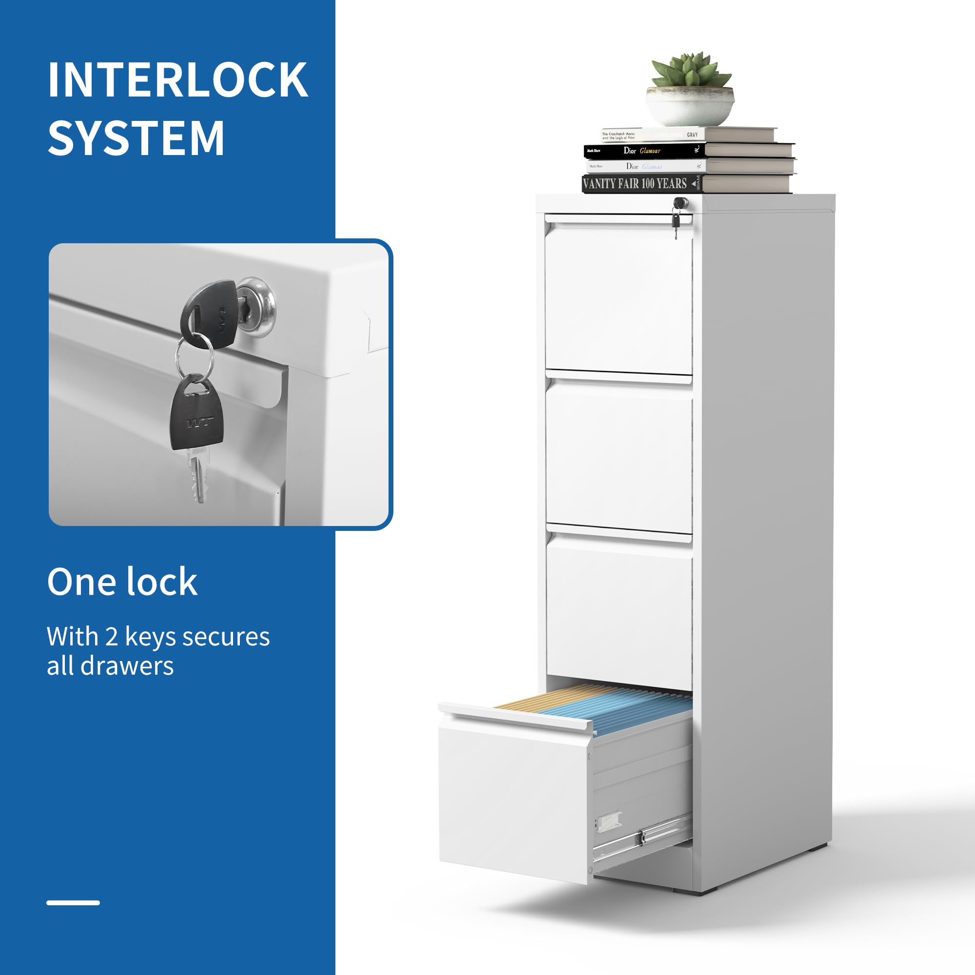 4-Drawer Vertical File Cabinet with Lock - White Hanging File Organizer for A4, Legal & Letter Size Documents - Perfect for Home Office & Workspace Organization