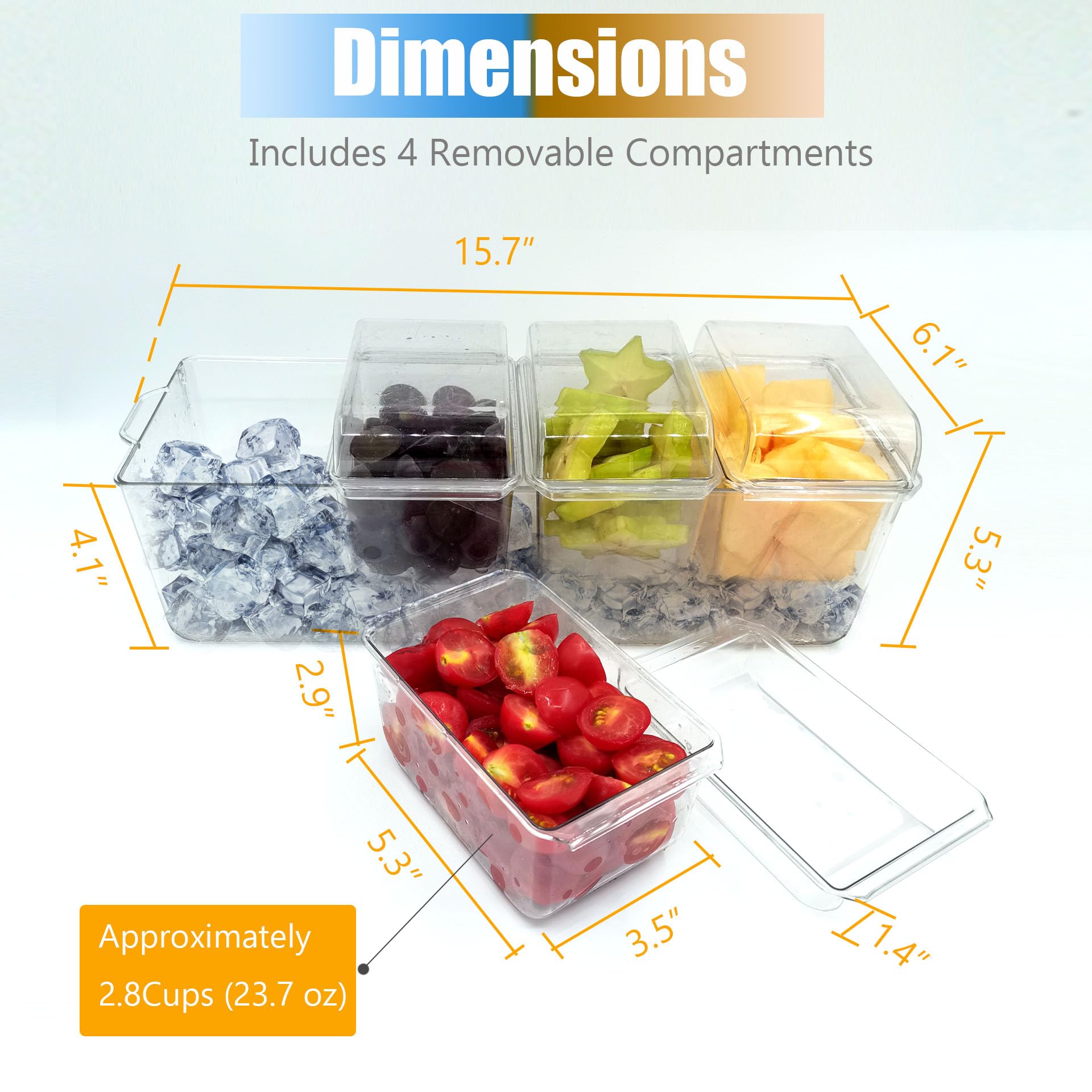 Ice Chilled Condiment Caddy with 4 Containers (2.8 Cup Capacity) - Airtight Lids, Party Serving Tray for Fruits, Salads, Nuts, Candy & Snacks - Perfect for Taco Bars, BBQs, Picnics & Outdoor Gatherings