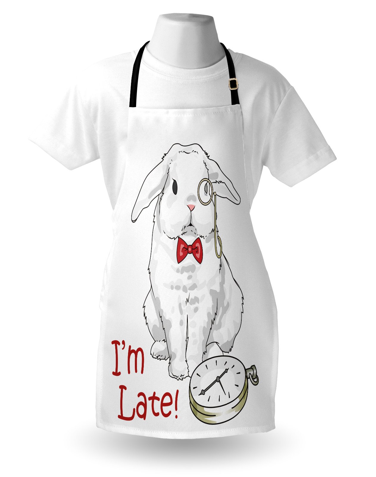 Lunarable Alice in Wonderland Apron - Funny Rabbit with Watches Cartoon Design Fantasy Character, Adjustable Neck Unisex Kitchen Bib Apron for Cooking, Baking, Gardening (White & Red) - Perfect for Cosplay, Themed Parties & Alice in Wonderland Fans