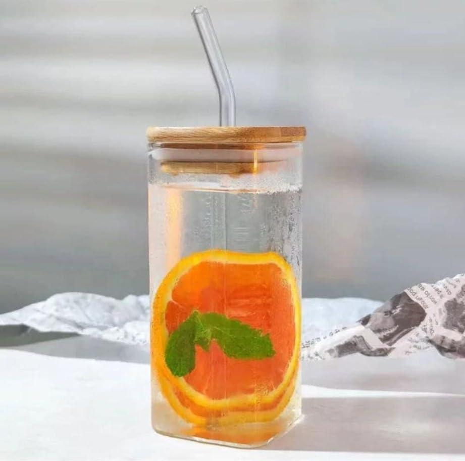 Sroxzy 350ml Mason Jars with Glass Straws & Airtight Wooden Lids - Reusable Drinking Glasses for Juice, Iced Tea, Smoothies, Beer & Cold Coffee - Perfect Travel Tumbler for Picnics, Office & Home Use - Pack of 1