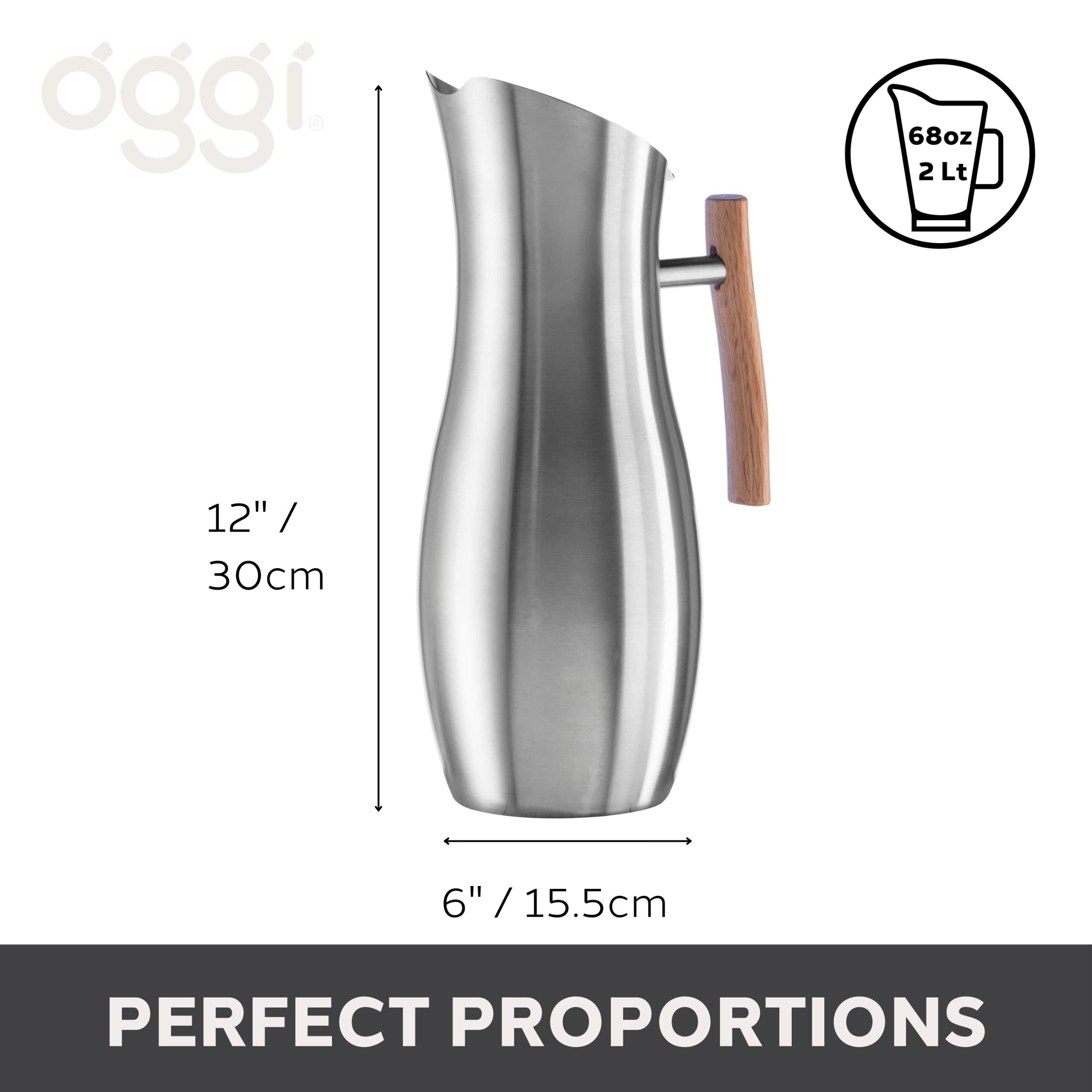 OGGI Slimline Stainless Steel Pitcher with Ice Guard - 68oz (2L) Metal Water Carafe for Iced Tea, Lemonade & Cold Beverages - Perfect for Parties, Entertaining & Outdoor Gatherings