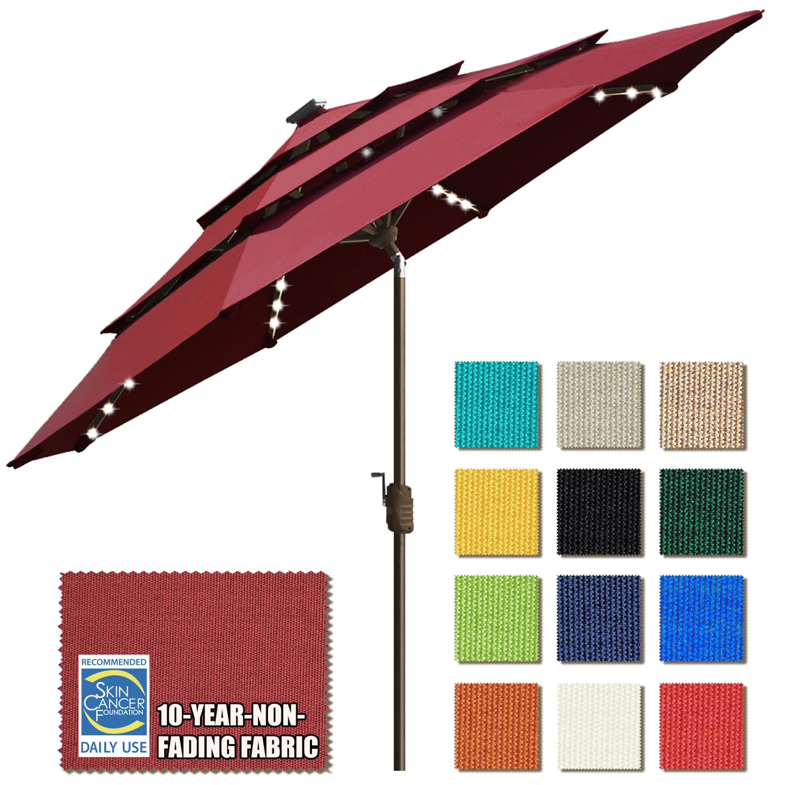 EliteShade USA 10-Year Fade-Resistant 9ft 3-Tier Solar Patio Umbrella with 80 LED Lights - Outdoor Table Umbrella with Ventilation, Burgundy Red - Perfect for Backyard, Poolside, and Restaurant Outdoor Dining