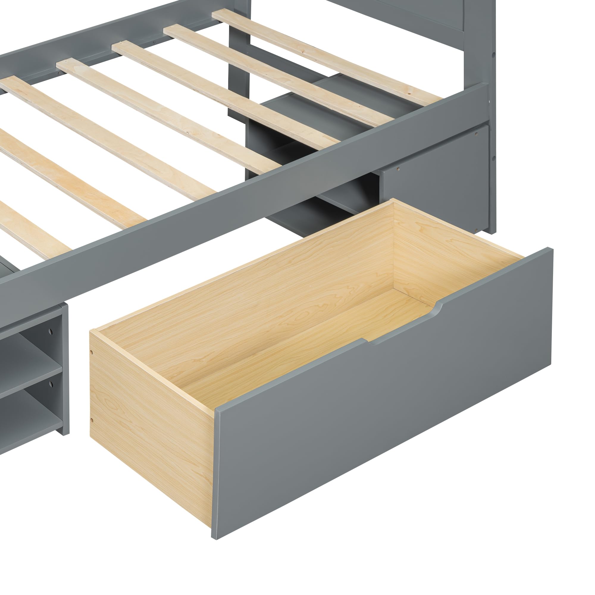 Merax Twin Size Wooden Platform Bed with Storage - Underbed Drawer, Shelves & Rolling Rack for Kids Bedroom - Space-Saving Grey Bed Frame for Boys and Girls | Perfect for Small Rooms, Dorms & Apartments