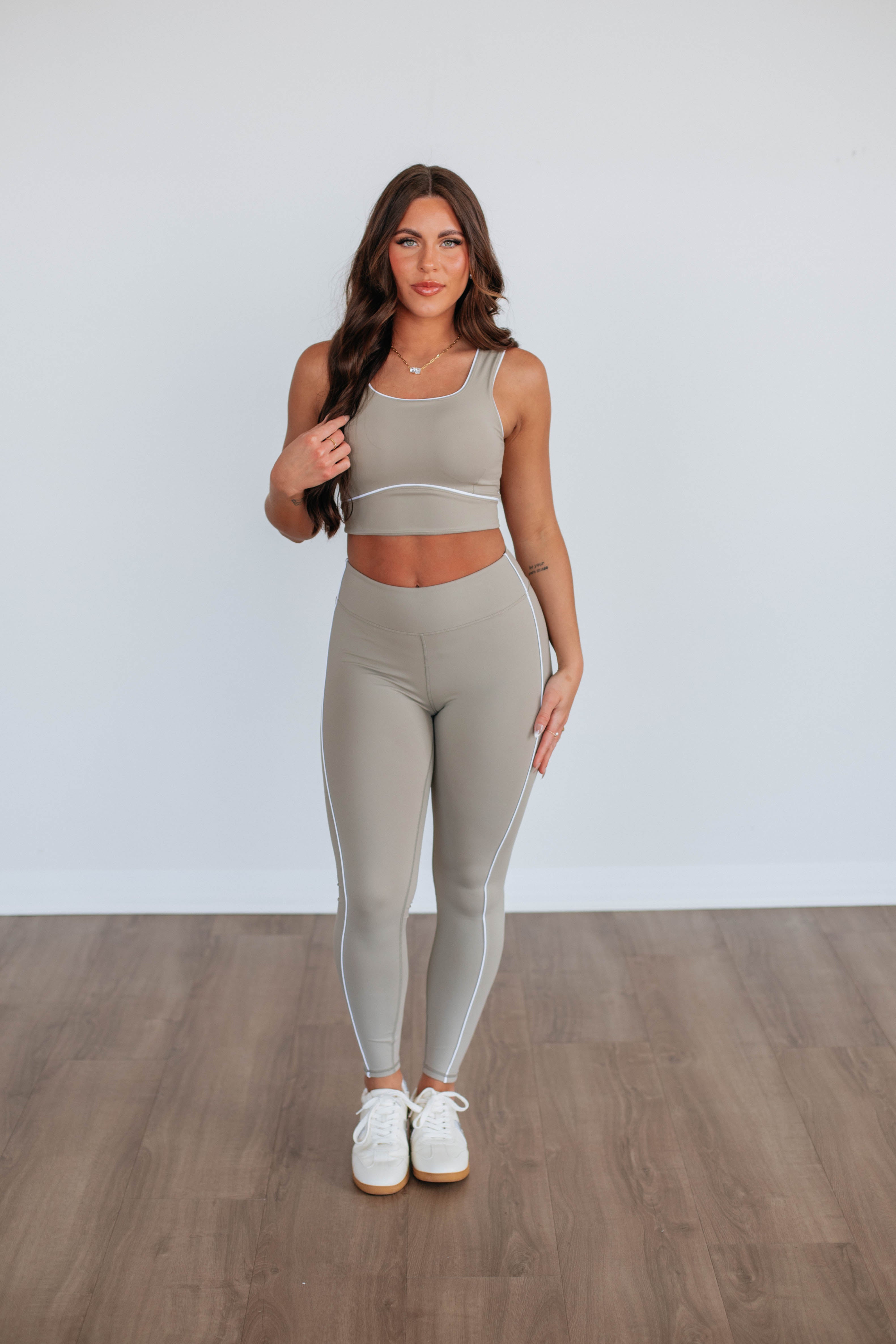 Ace Two Piece Active Set - Women's Workout Outfit in Taupe for Gym, Yoga & Running | Comfortable & Stylish Athletic Wear