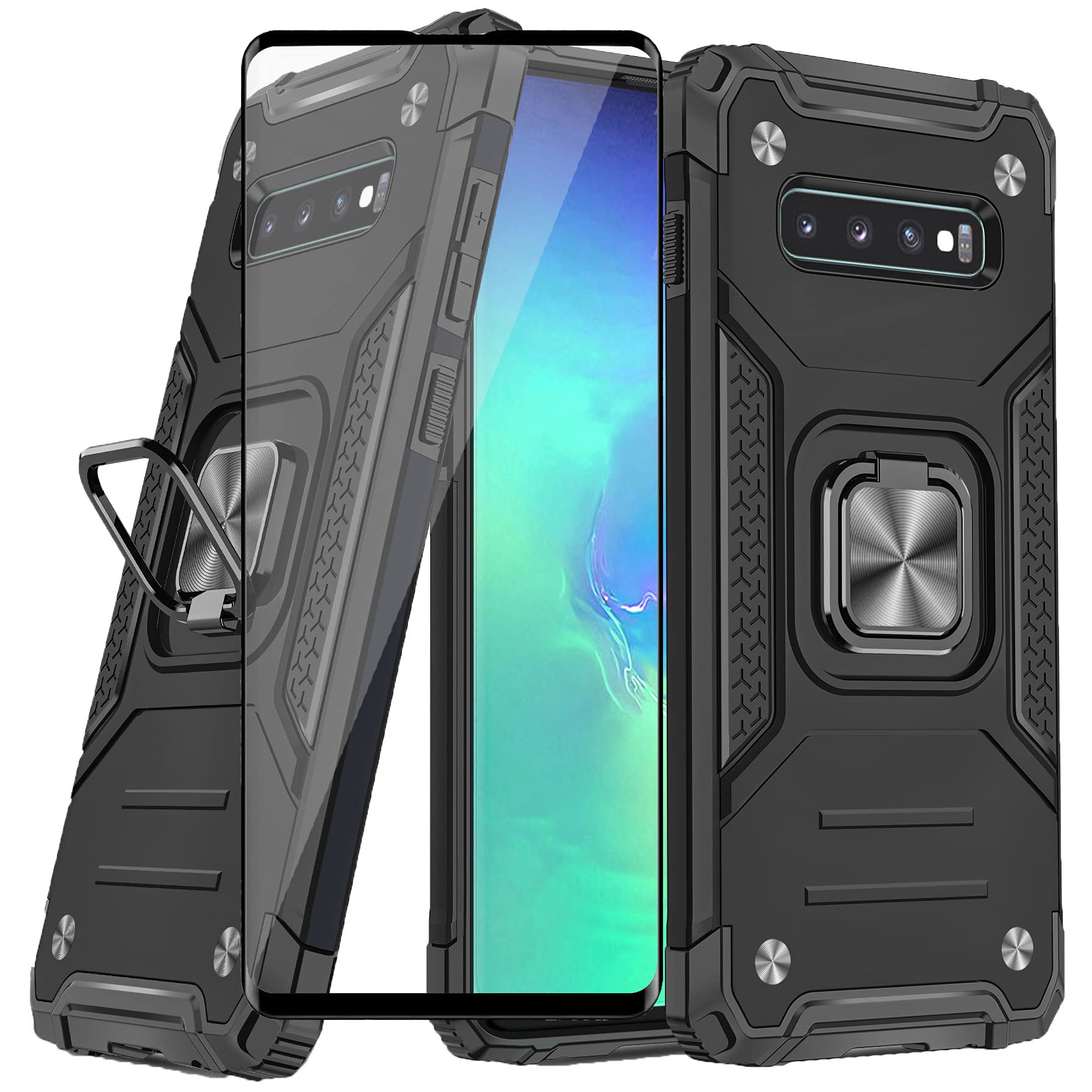 ASUWISH Samsung Galaxy S10 Plus Case with Tempered Glass Screen Protector, Ring Holder & Kickstand - Shockproof Protective Cover for Galaxy S10+ (6.4 inch) - Perfect for Work, Travel & Everyday Use (Black)