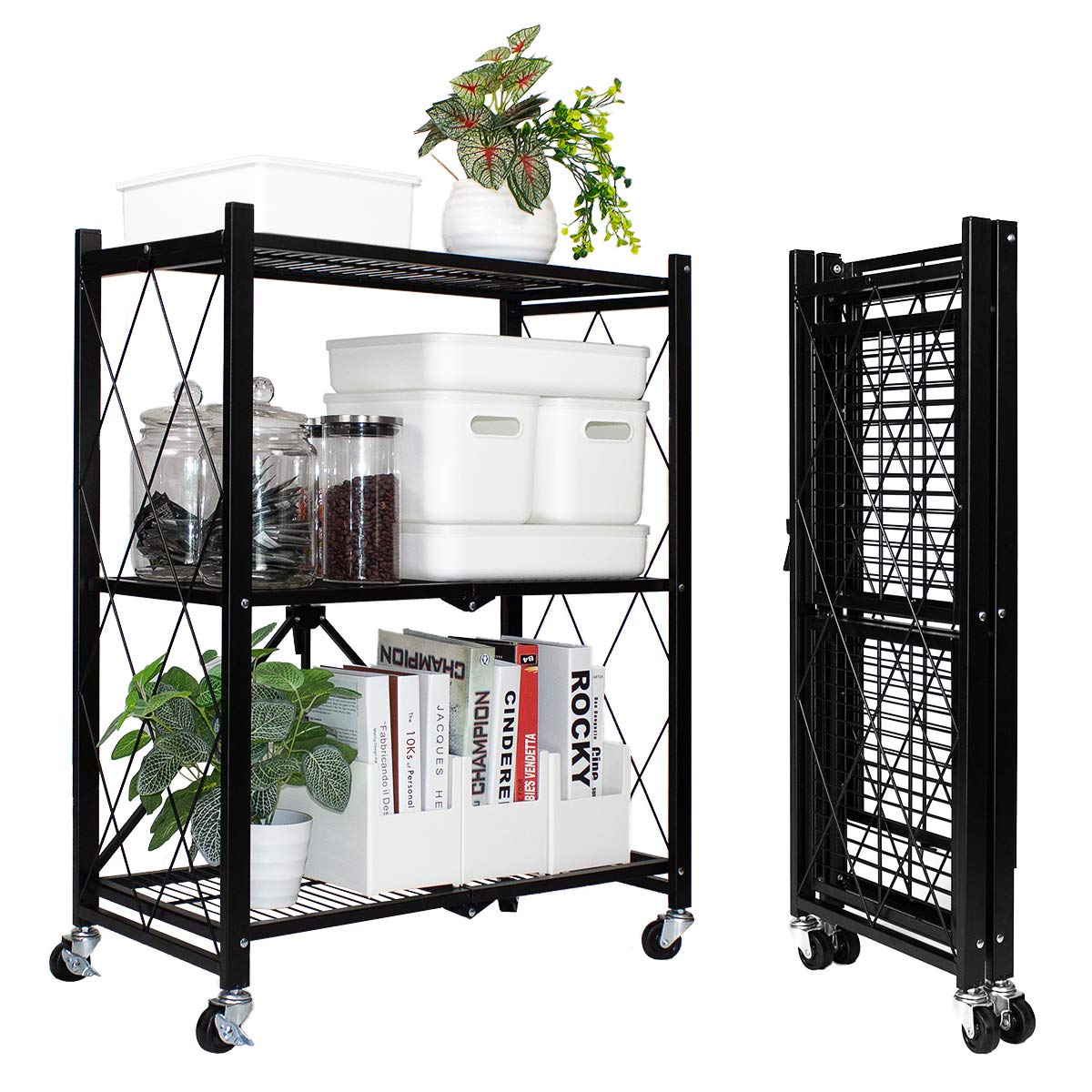 3-Tier Foldable Storage Shelves with Wheels - Collapsible Metal Wire Shelving Unit for Kitchen, Bathroom, Living Room & Office - Space Saving Organizer for Books, Pantry, Towels & Home Decor (Black/White)